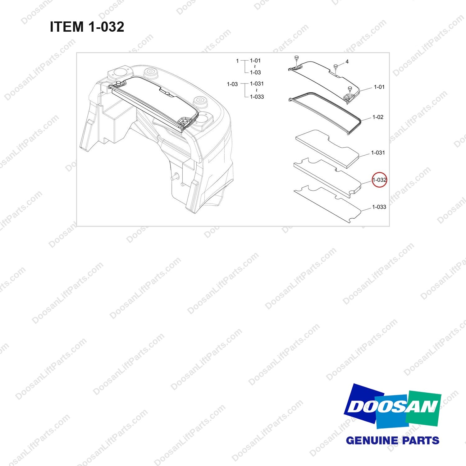 180102-03120 RADIATOR COVER GP;D25S-9 OVHG - full parts diagram, item 1-032 marked - genuine Doosan / Bobcat forklift part