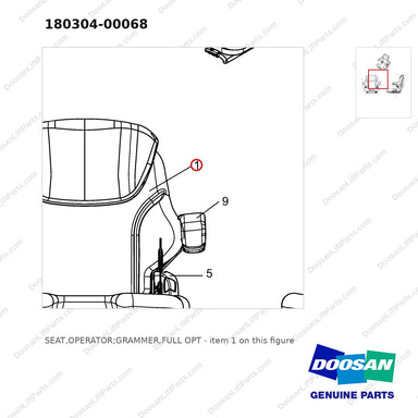 180304-00068 SEAT,OPERATOR;GRAMMER,FULL OPT - parts diagram, item 1 shown - genuine Doosan / Bobcat forklift part