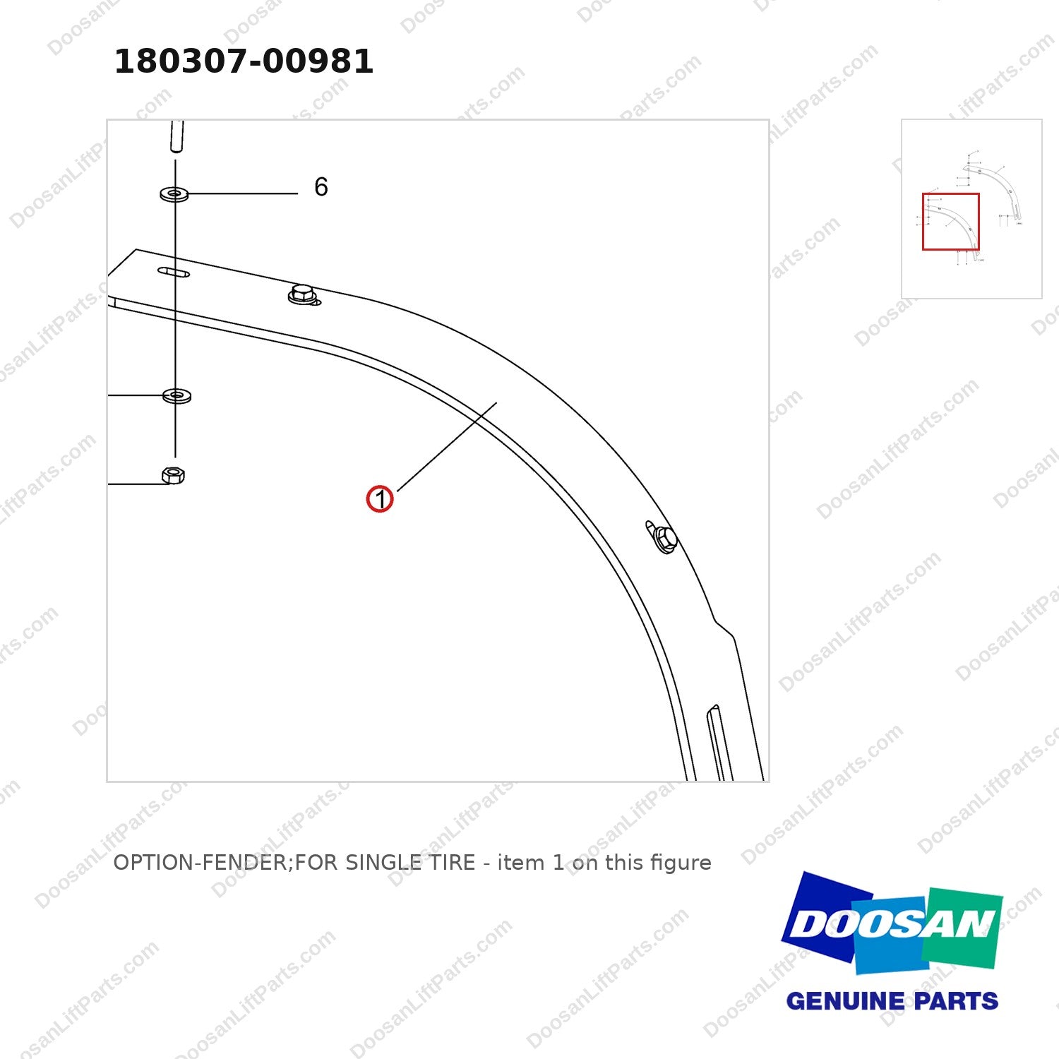 180307-00981 OPTION-FENDER;FOR SINGLE TIRE - parts diagram, item 1 shown - genuine Doosan / Bobcat forklift part