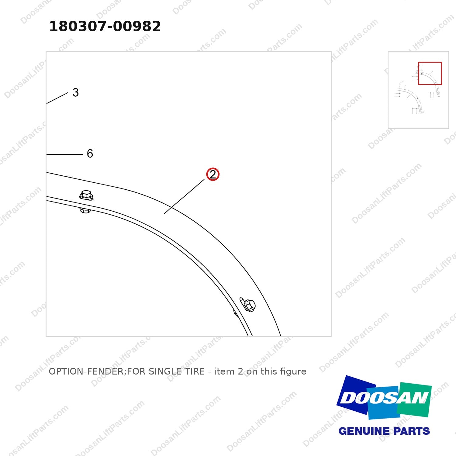 180307-00982 OPTION-FENDER;FOR SINGLE TIRE - parts diagram, item 2 shown - genuine Doosan / Bobcat forklift part