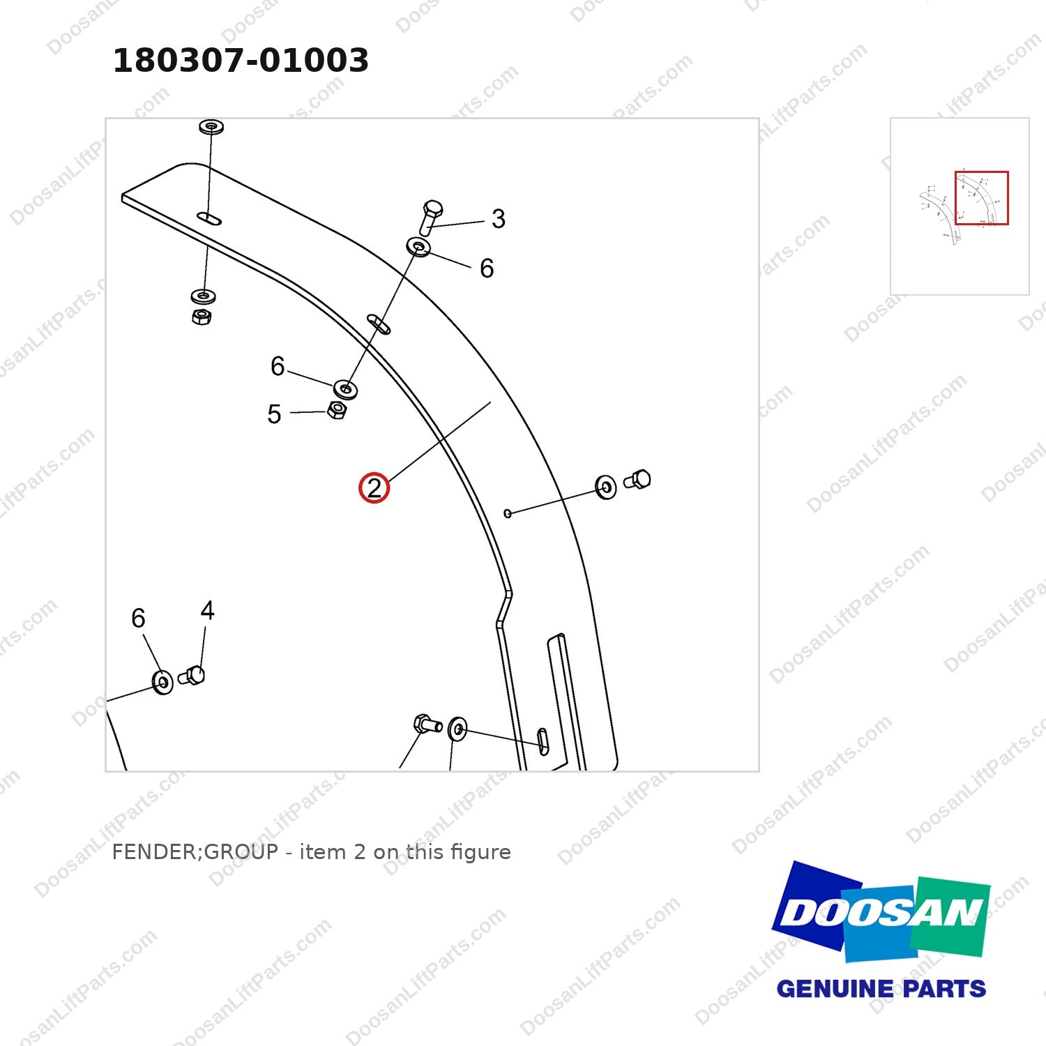180307-01003 FENDER;GROUP - parts diagram, item 2 shown - genuine Doosan / Bobcat forklift part