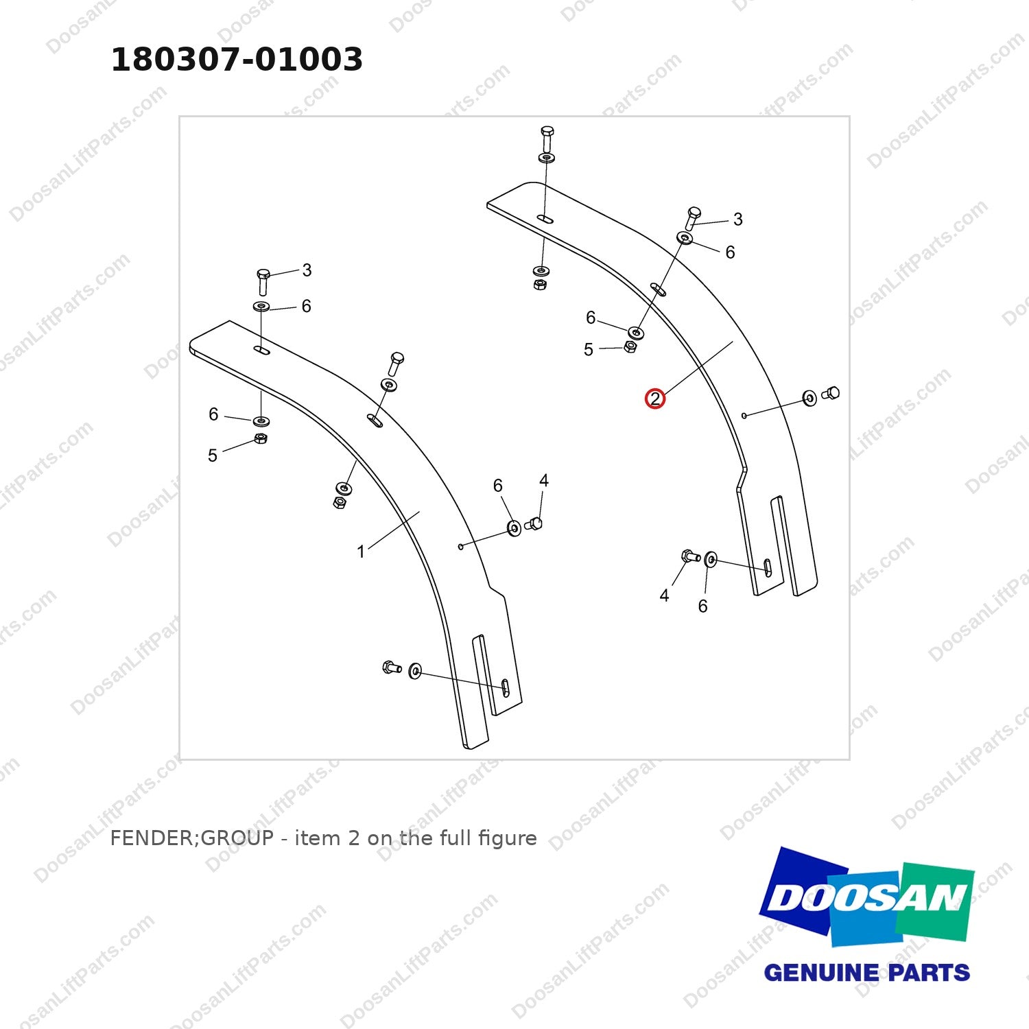 180307-01003 FENDER;GROUP - full parts diagram, item 2 marked - genuine Doosan / Bobcat forklift part
