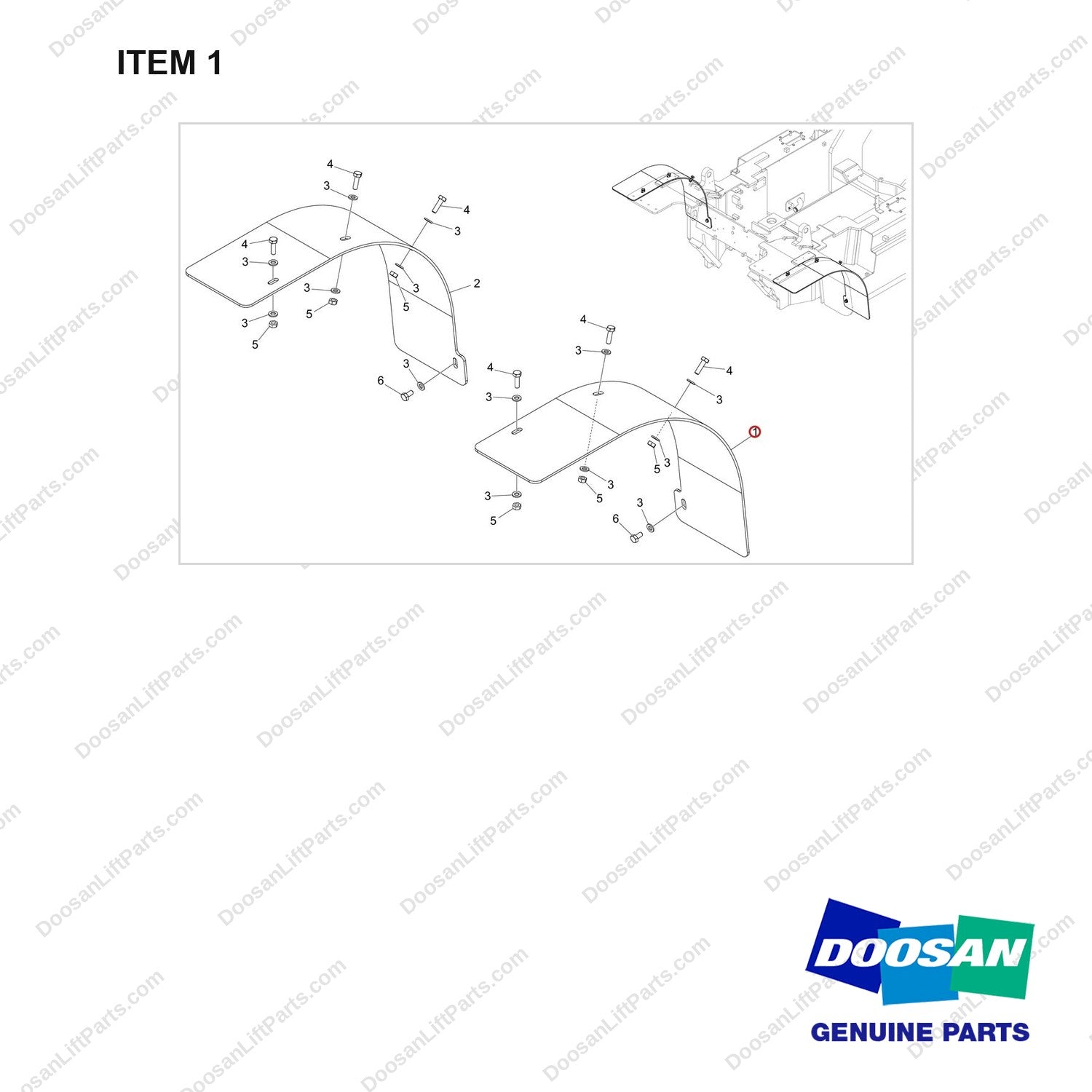 180307-01043 FENDER GP,DOUBLE,STD;4.5TON,T4,NEW OPC - full parts diagram, item 1 marked - genuine Doosan / Bobcat forklift part