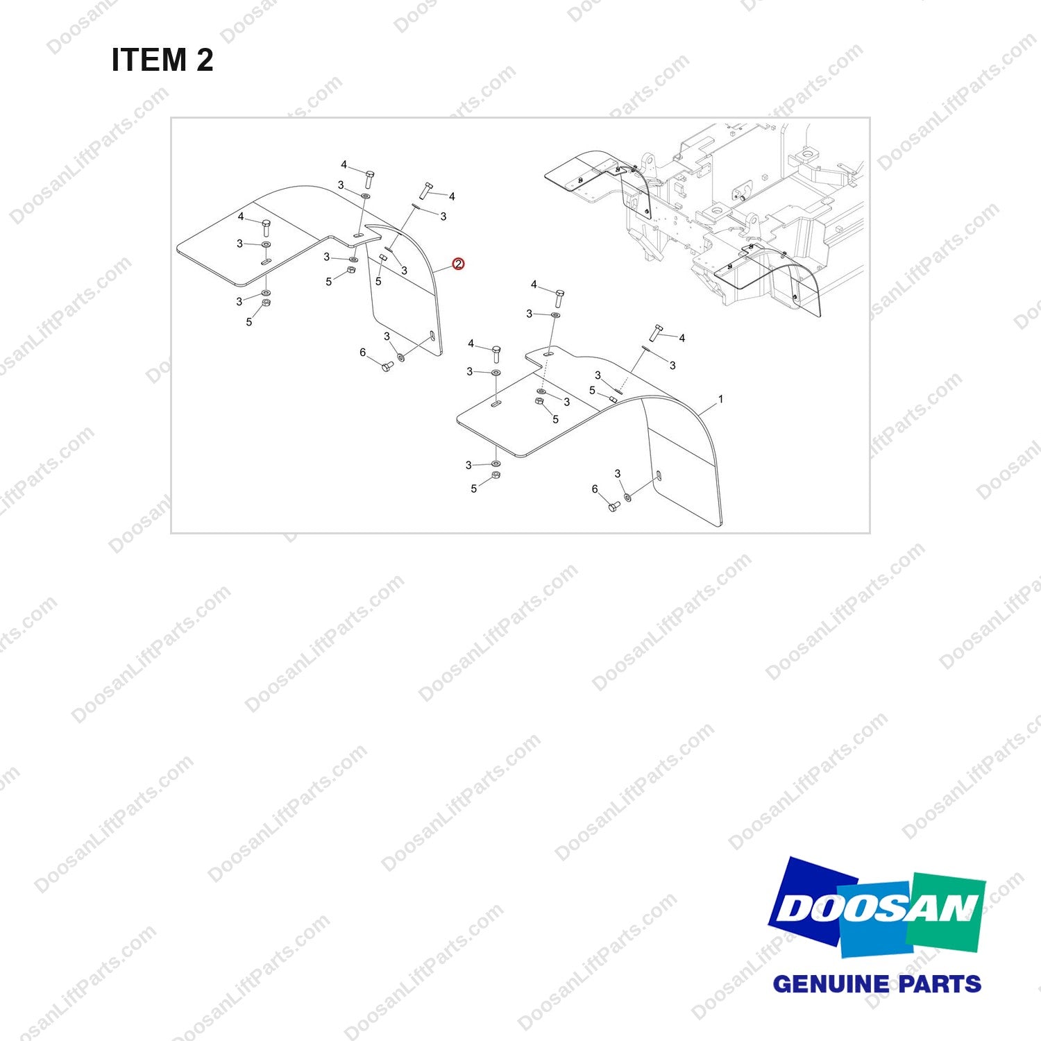 180307-01046 FENDER GP,DOUBLE,STD;3.5TON,T4,NEW OPC - full parts diagram, item 2 marked - genuine Doosan / Bobcat forklift part