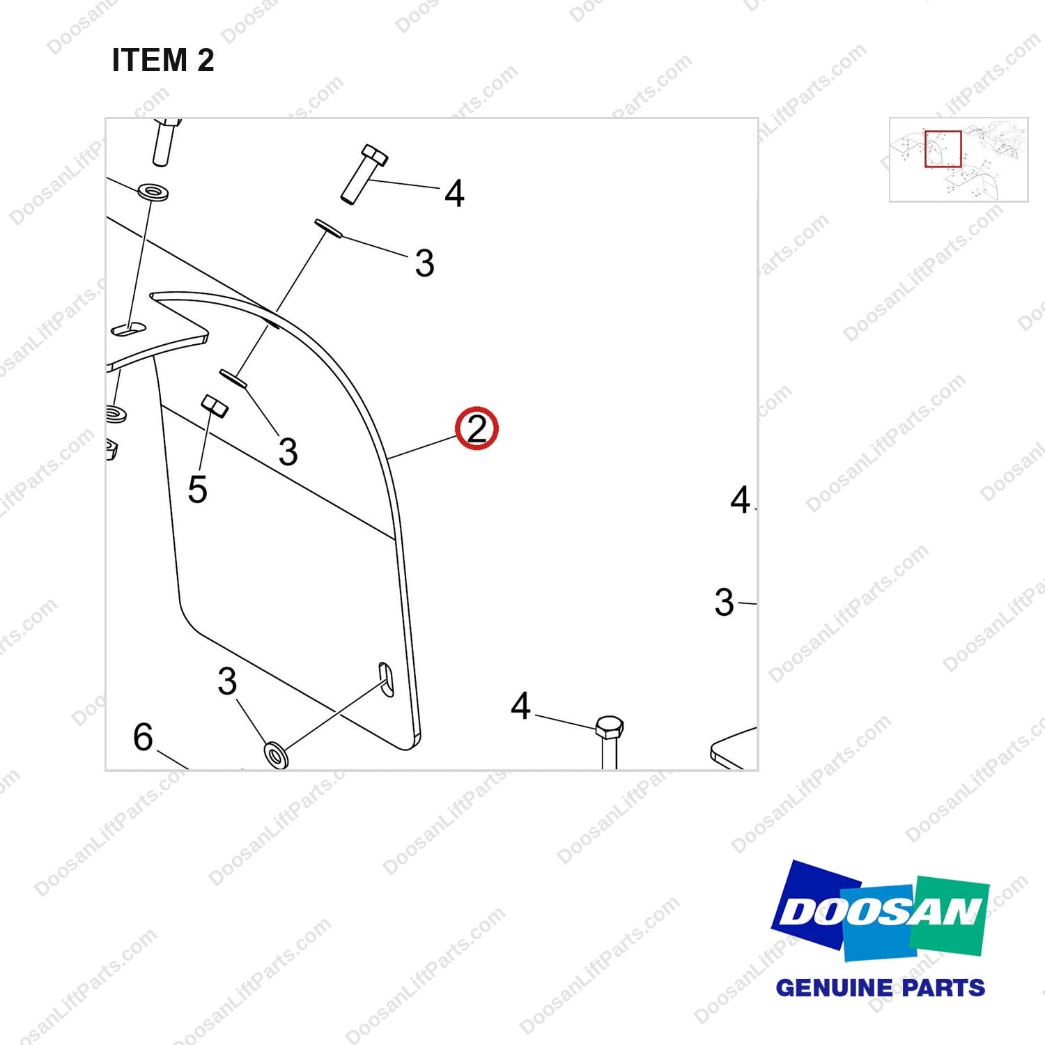 180307-01046 FENDER GP,DOUBLE,STD;3.5TON,T4,NEW OPC - parts diagram, item 2 shown - genuine Doosan / Bobcat forklift part