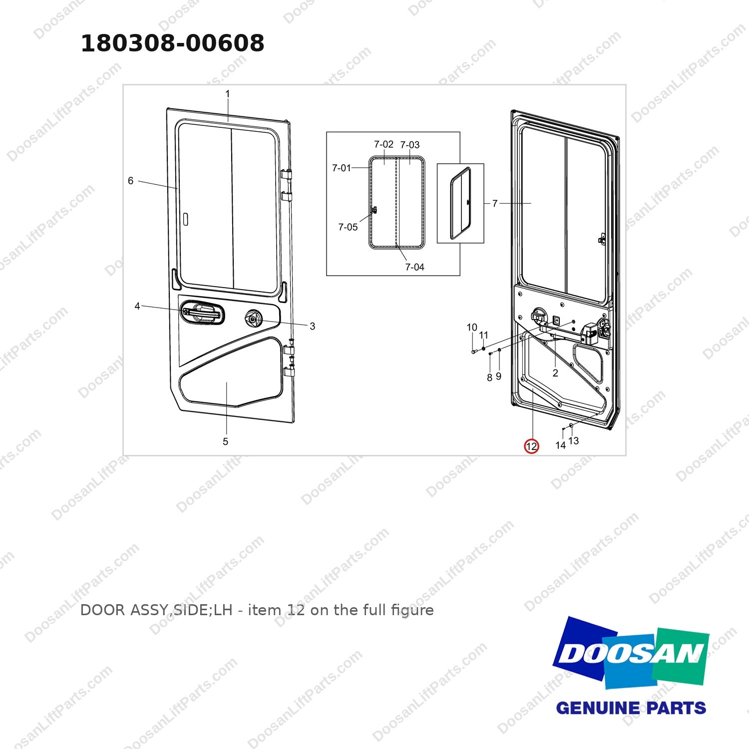 180308-00608 DOOR ASSY,SIDE;LH - full parts diagram, item 12 marked - genuine Doosan / Bobcat forklift part