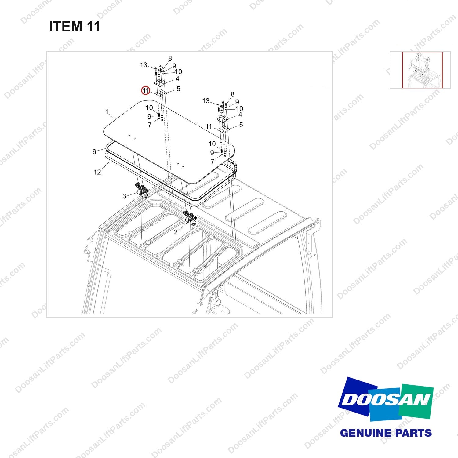 180308-01361 ROOF;TILT UP,G25S-9 - parts diagram, item 11 shown - genuine Doosan / Bobcat forklift part