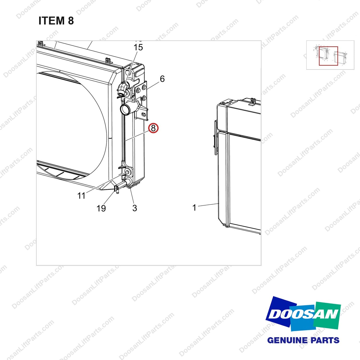 180309-00780 RADIATOR ASSY;GC15S-9,OPEN CORE - parts diagram, item 8 shown - genuine Doosan / Bobcat forklift part