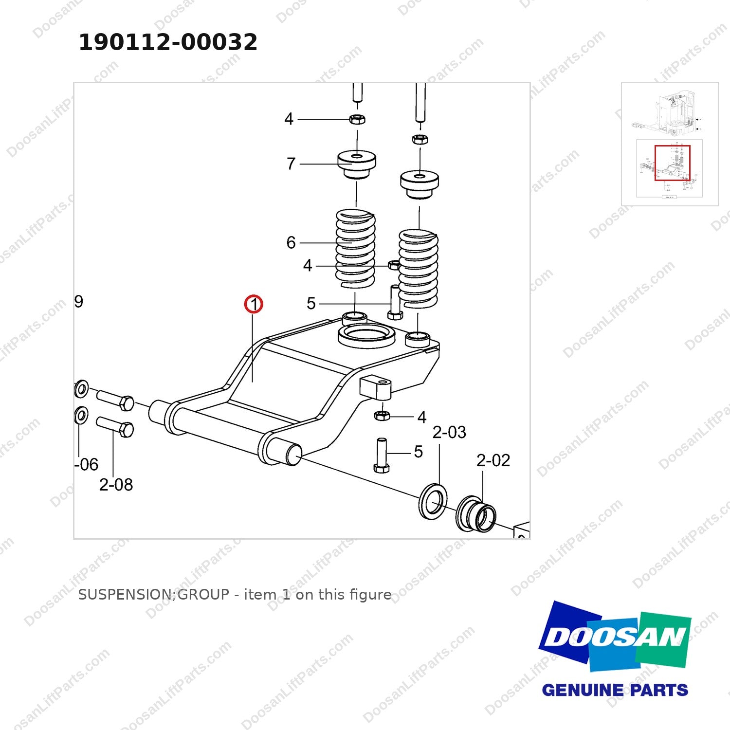 190112-00032 SUSPENSION;GROUP - parts diagram, item 1 shown - genuine Doosan / Bobcat forklift part