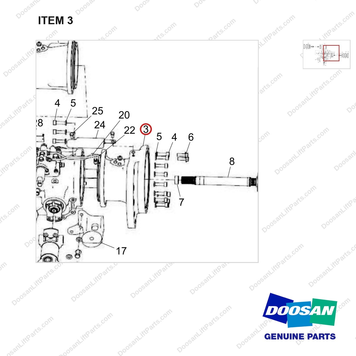 190113-00128 AXLE ASSY;KD20A - parts diagram, item 3 shown - genuine Doosan / Bobcat forklift part