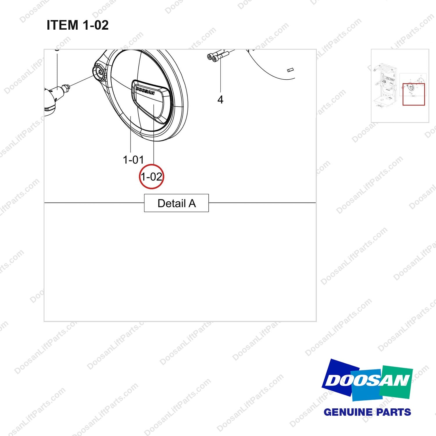 190203-00166 HANDLE;STEERING - parts diagram, item 1-02 shown - genuine Doosan / Bobcat forklift part