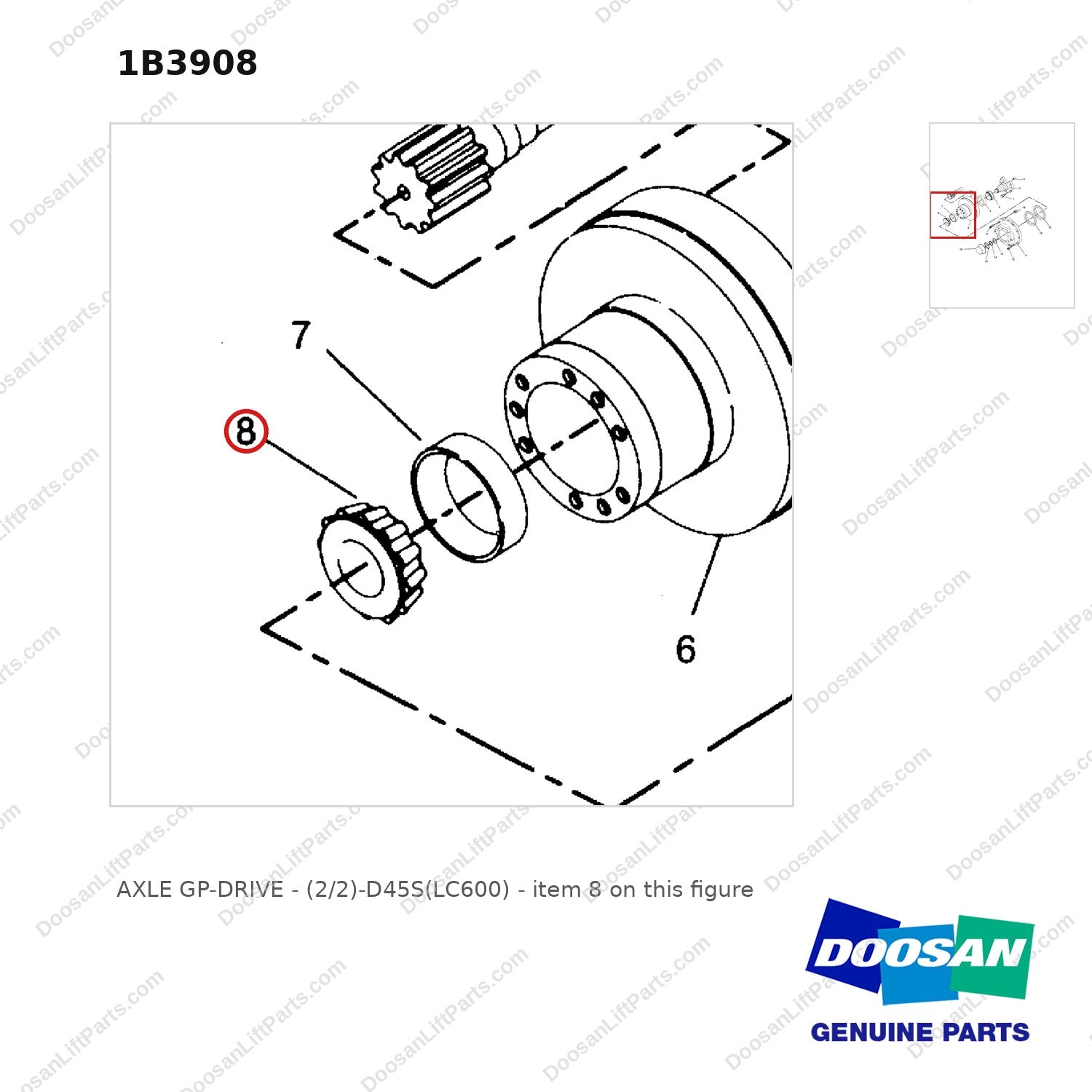 1B3908 AXLE GP-DRIVE - (2/2)-D45S(LC600) - parts diagram, item 8 shown - genuine Doosan / Bobcat forklift part