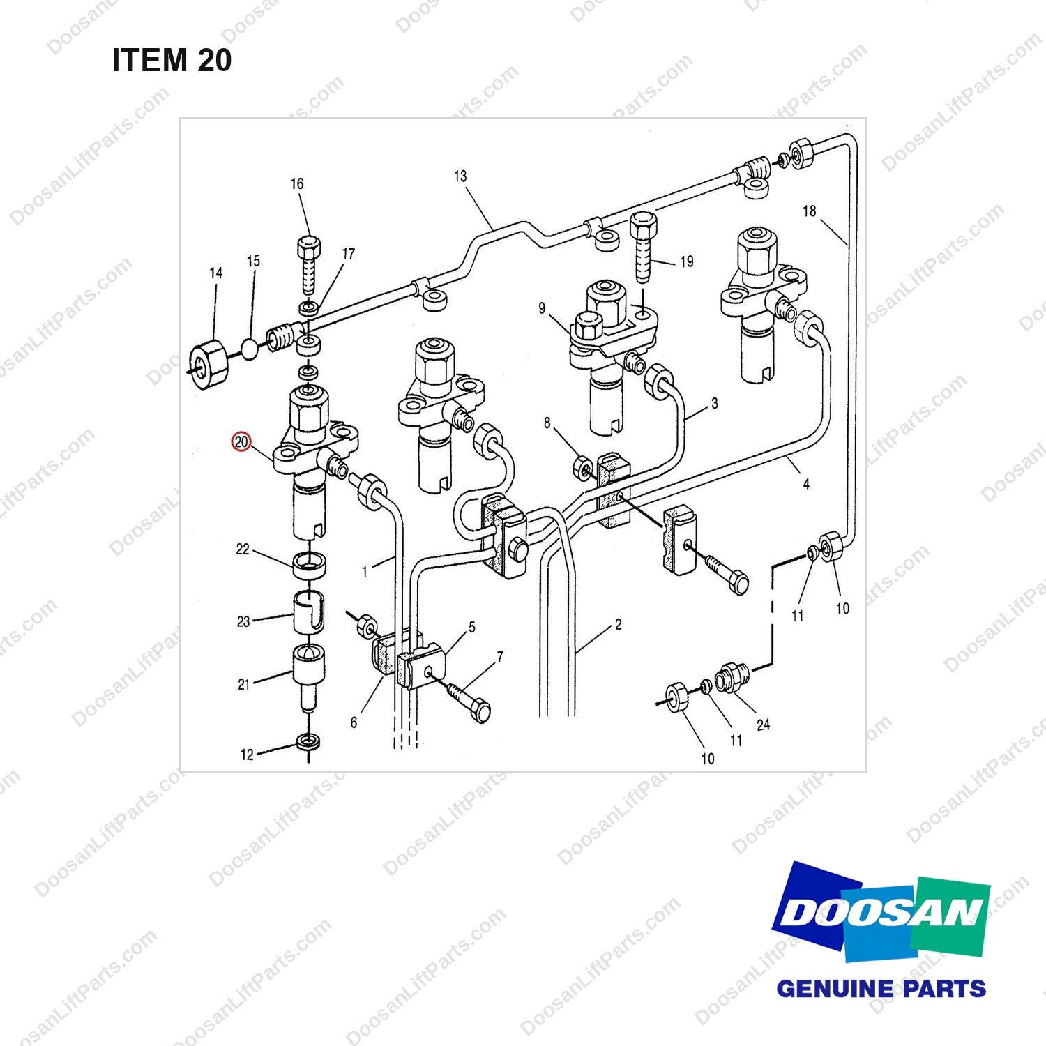1W8205 LINES GP-FUEL INJECTION - full parts diagram, item 20 marked - genuine Doosan / Bobcat forklift part