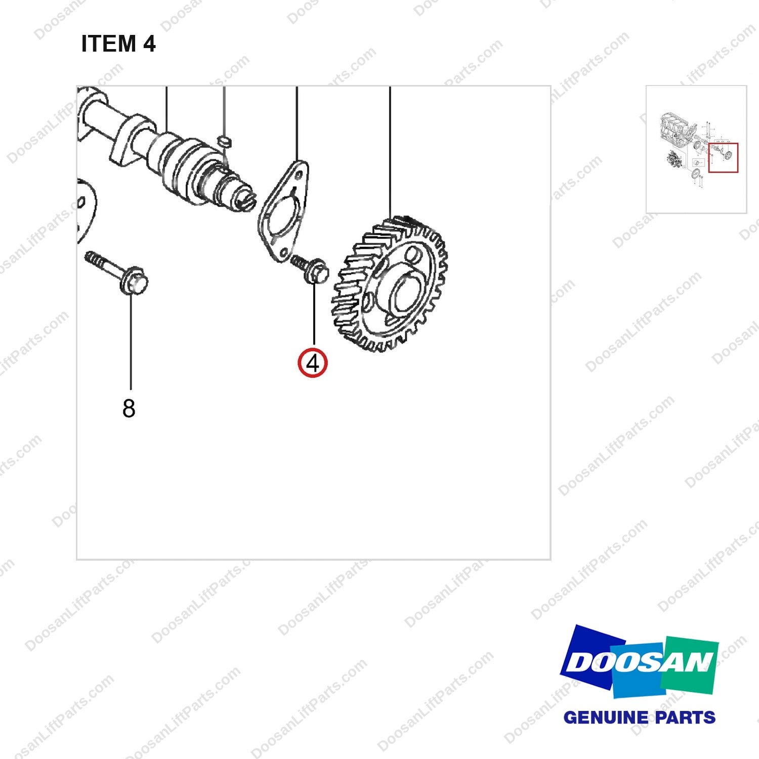 2.120-00041 CAMSHAFT GROUP;2TON,4TNE94L,T-3 - parts diagram, item 4 shown - genuine Doosan / Bobcat forklift part