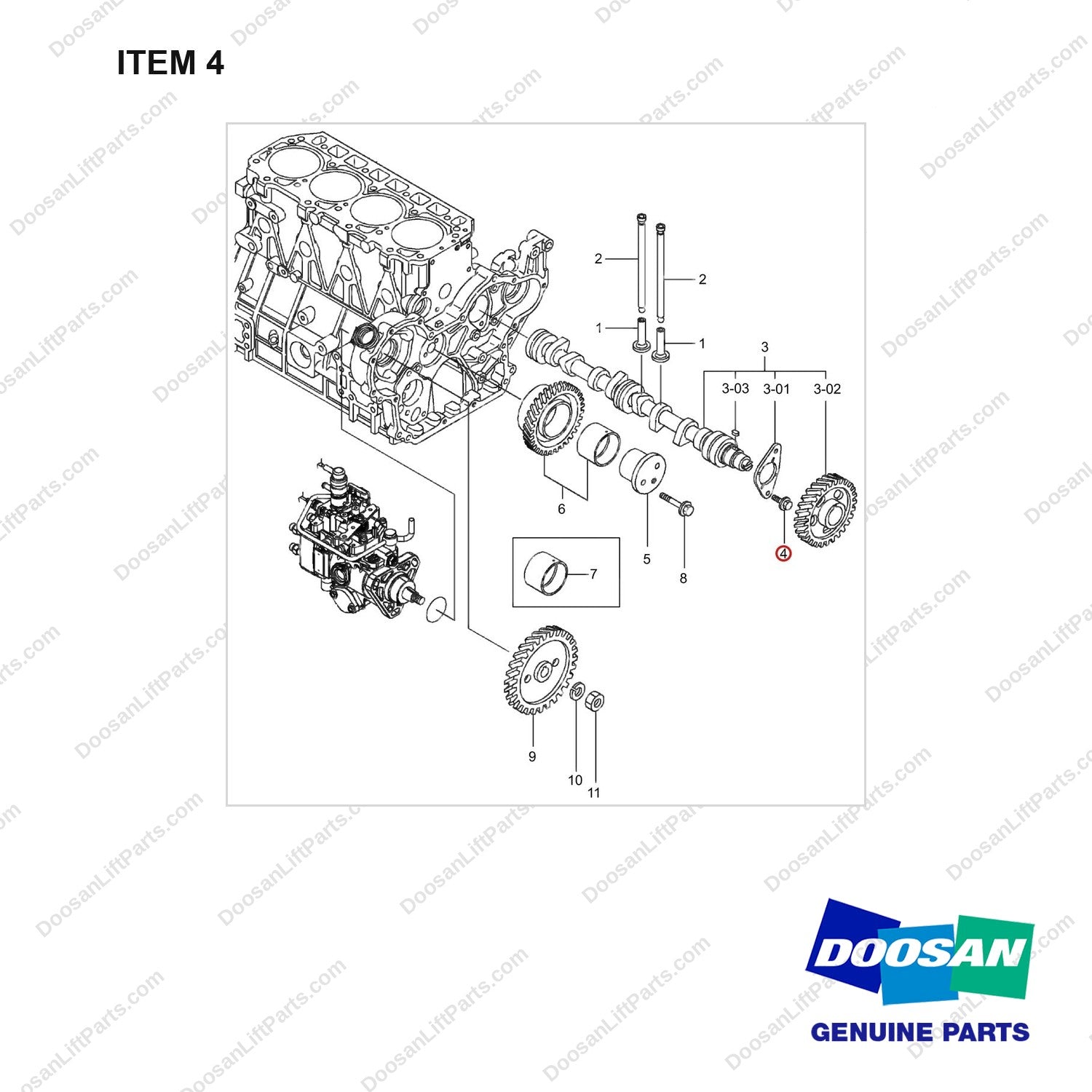 2.120-00041 CAMSHAFT GROUP;2TON,4TNE94L,T-3 - full parts diagram, item 4 marked - genuine Doosan / Bobcat forklift part