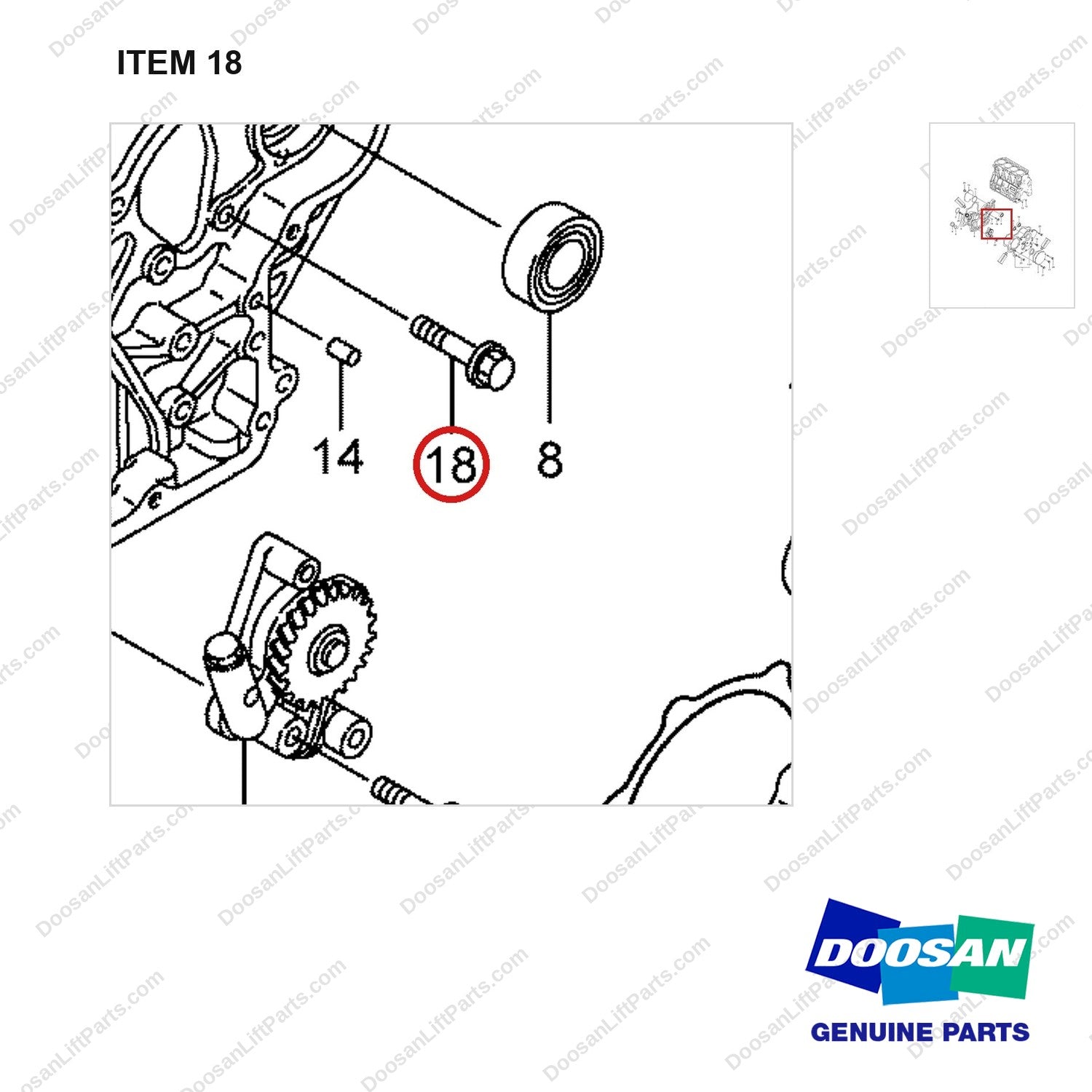 2.120-00137 Gear Housing Gp - parts diagram, item 18 shown - genuine Doosan / Bobcat forklift part