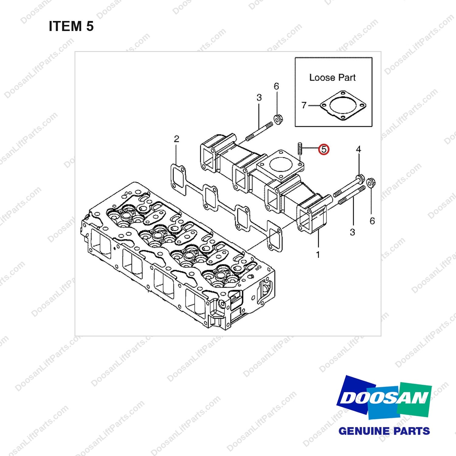 2.120-00147 Exhaust Manifold Gp - full parts diagram, item 5 marked - genuine Doosan / Bobcat forklift part
