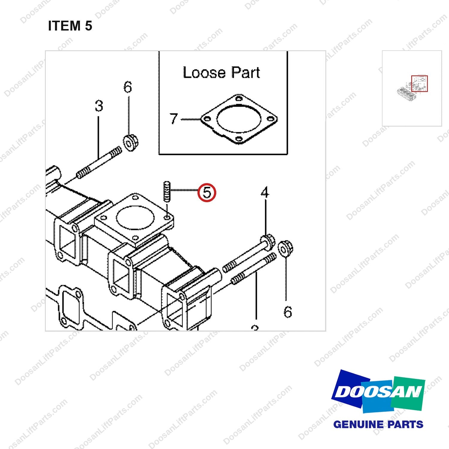 2.120-00147 Exhaust Manifold Gp - parts diagram, item 5 shown - genuine Doosan / Bobcat forklift part