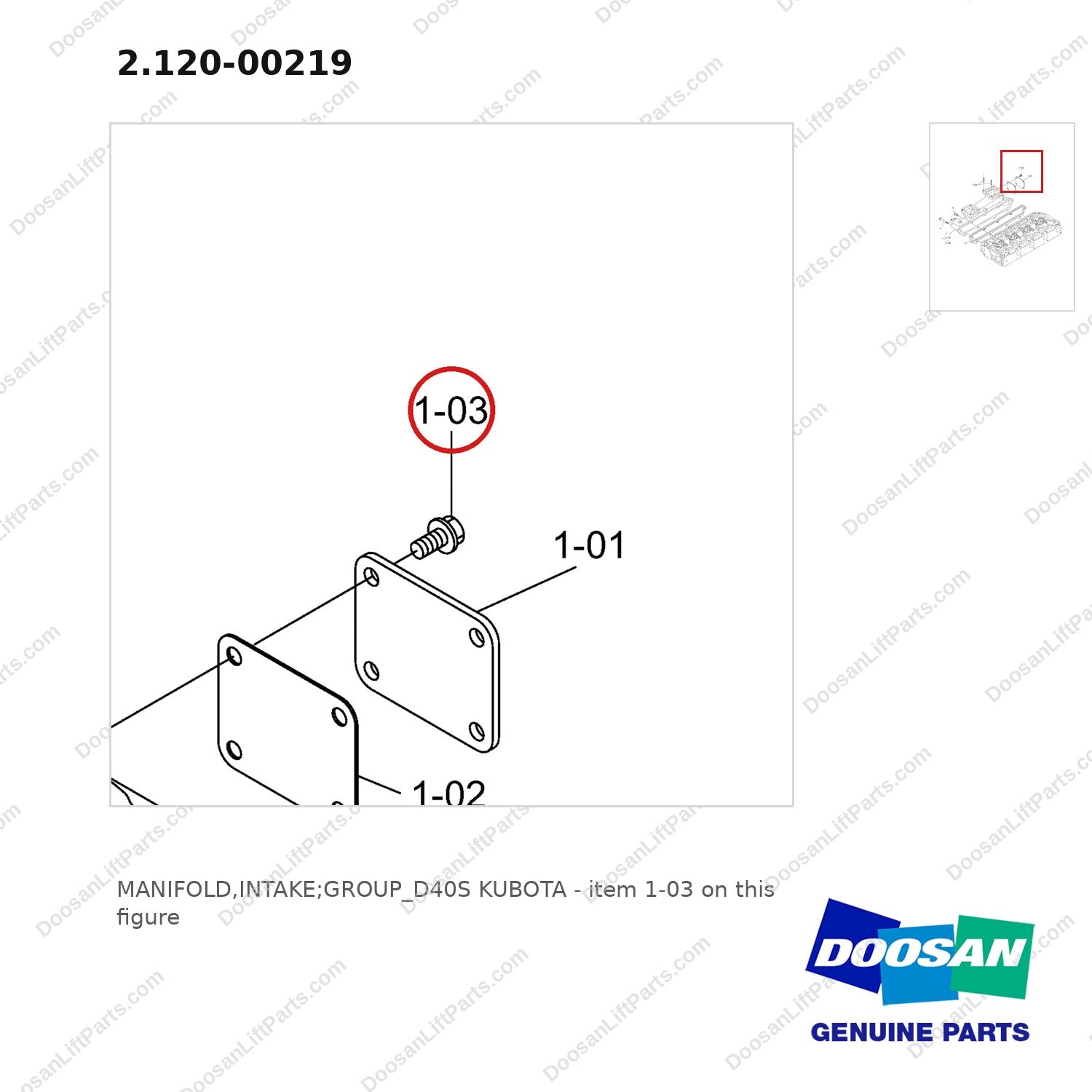 2.120-00219 MANIFOLD,INTAKE;GROUP_D40S KUBOTA - parts diagram, item 1-03 shown - genuine Doosan / Bobcat forklift part