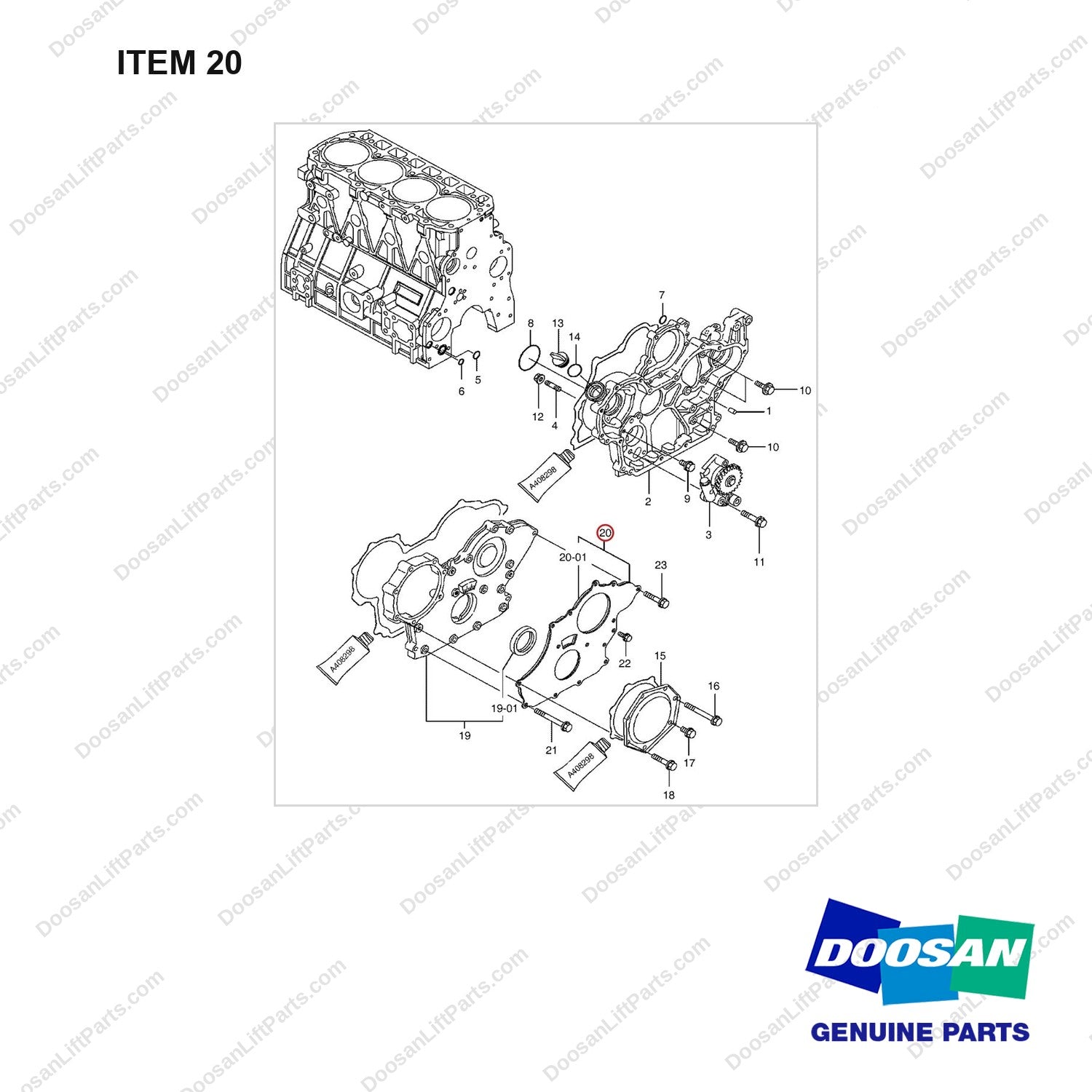 2.304-00002 Gear Housing Gp - full parts diagram, item 20 marked - genuine Doosan / Bobcat forklift part