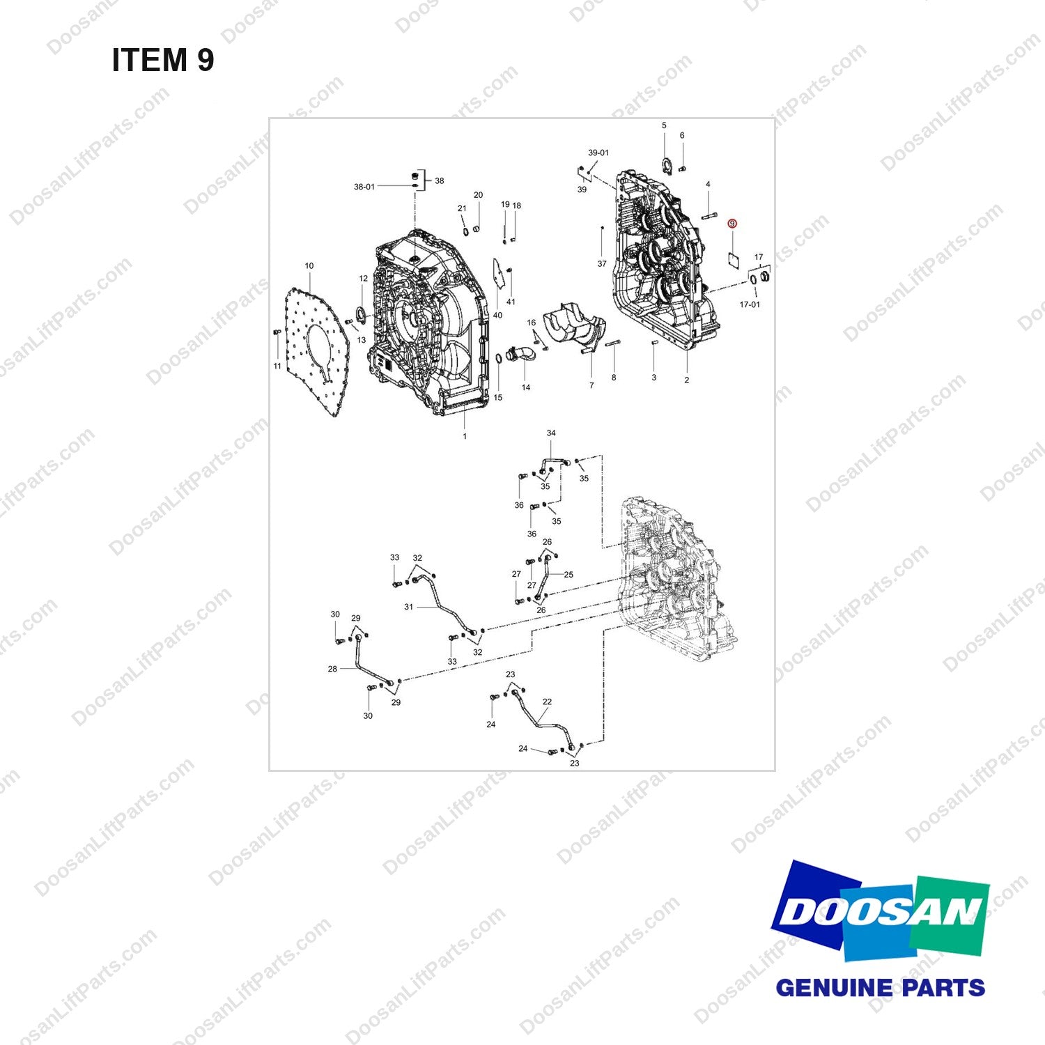 2.412-00302 HOUSING,TRANSMISSION;GROUP - full parts diagram, item 9 marked - genuine Doosan / Bobcat forklift part