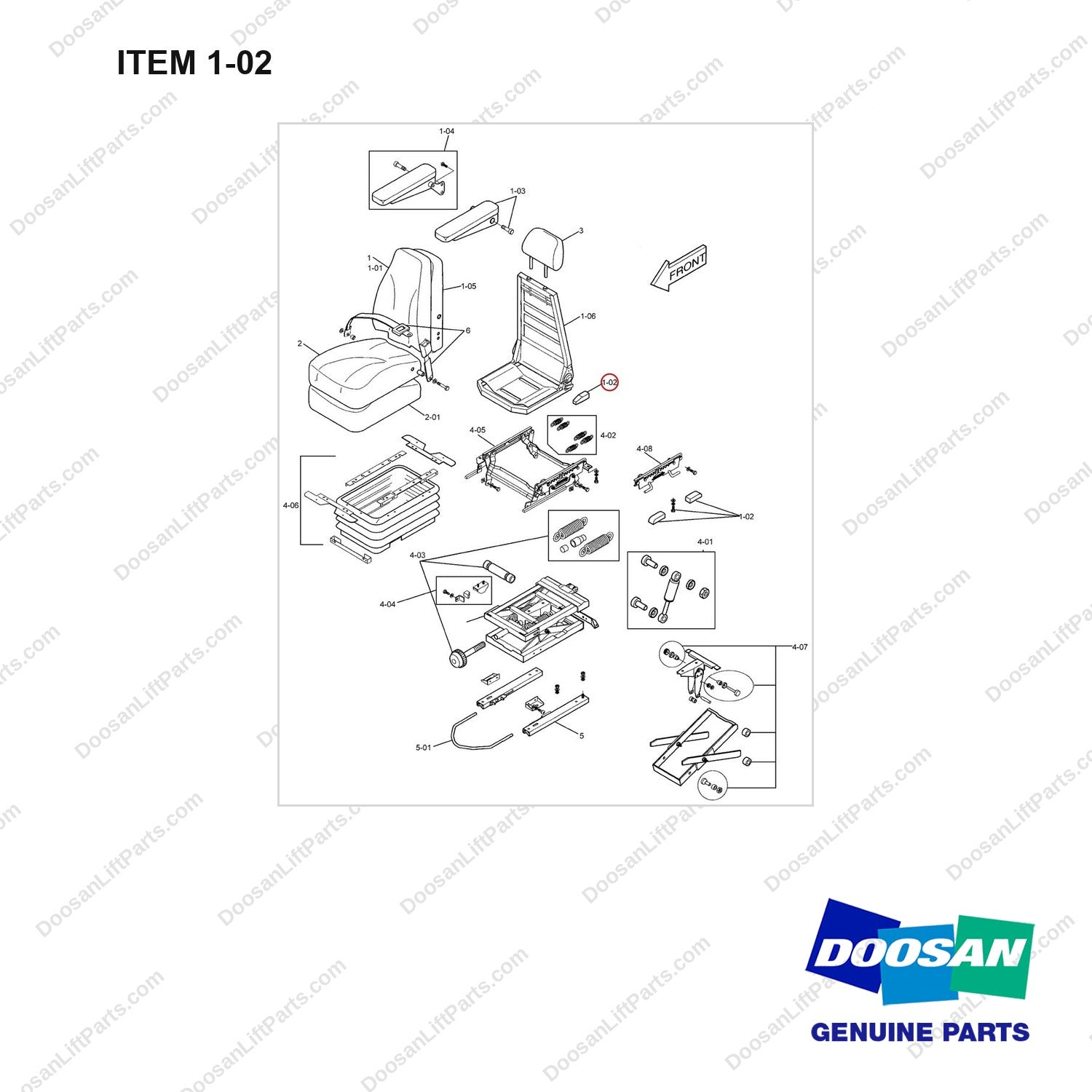 2197-6012 SEAT,CLOTH;CROWN - full parts diagram, item 1-02 marked - genuine Doosan / Bobcat forklift part