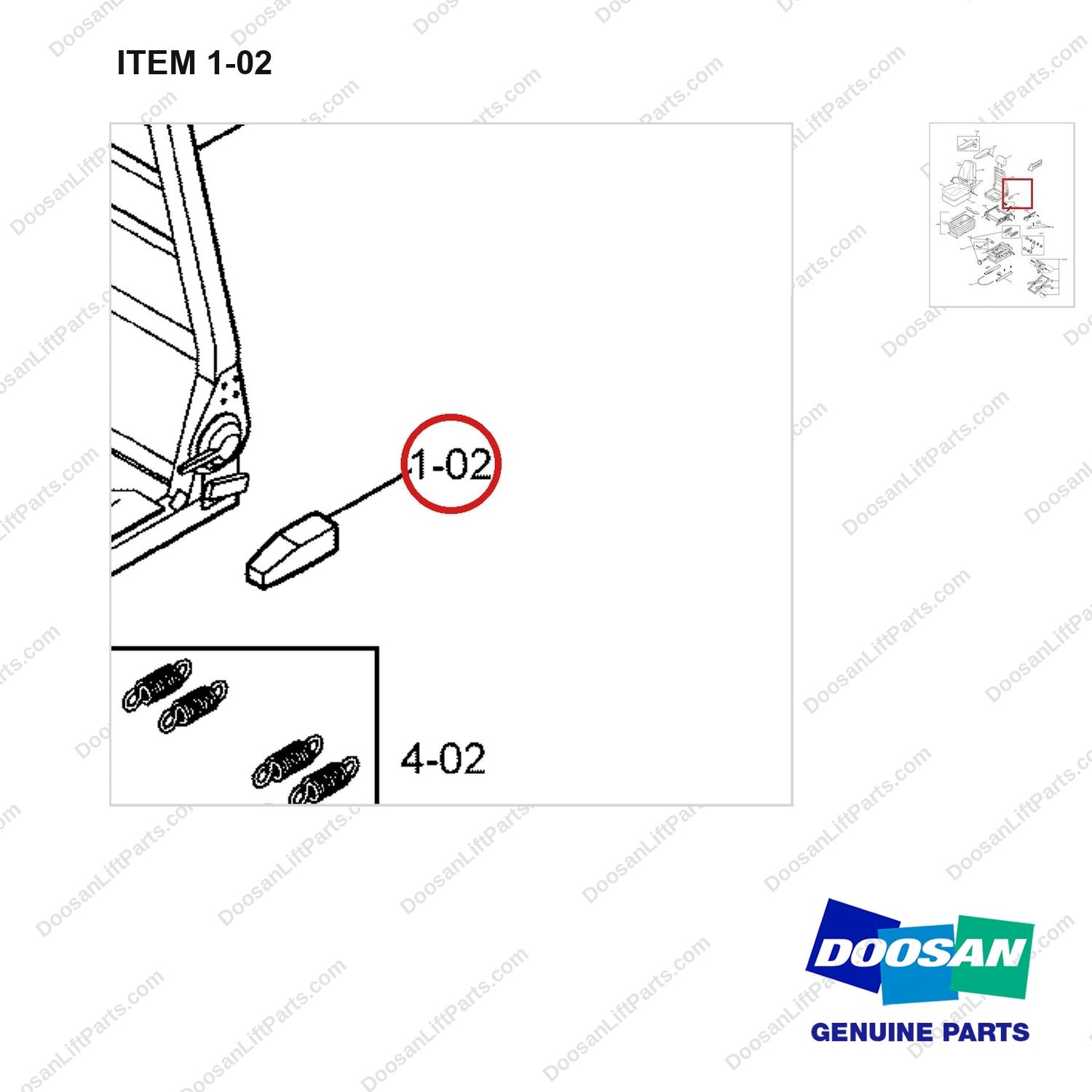 2197-6012 SEAT,CLOTH;CROWN - parts diagram, item 1-02 shown - genuine Doosan / Bobcat forklift part