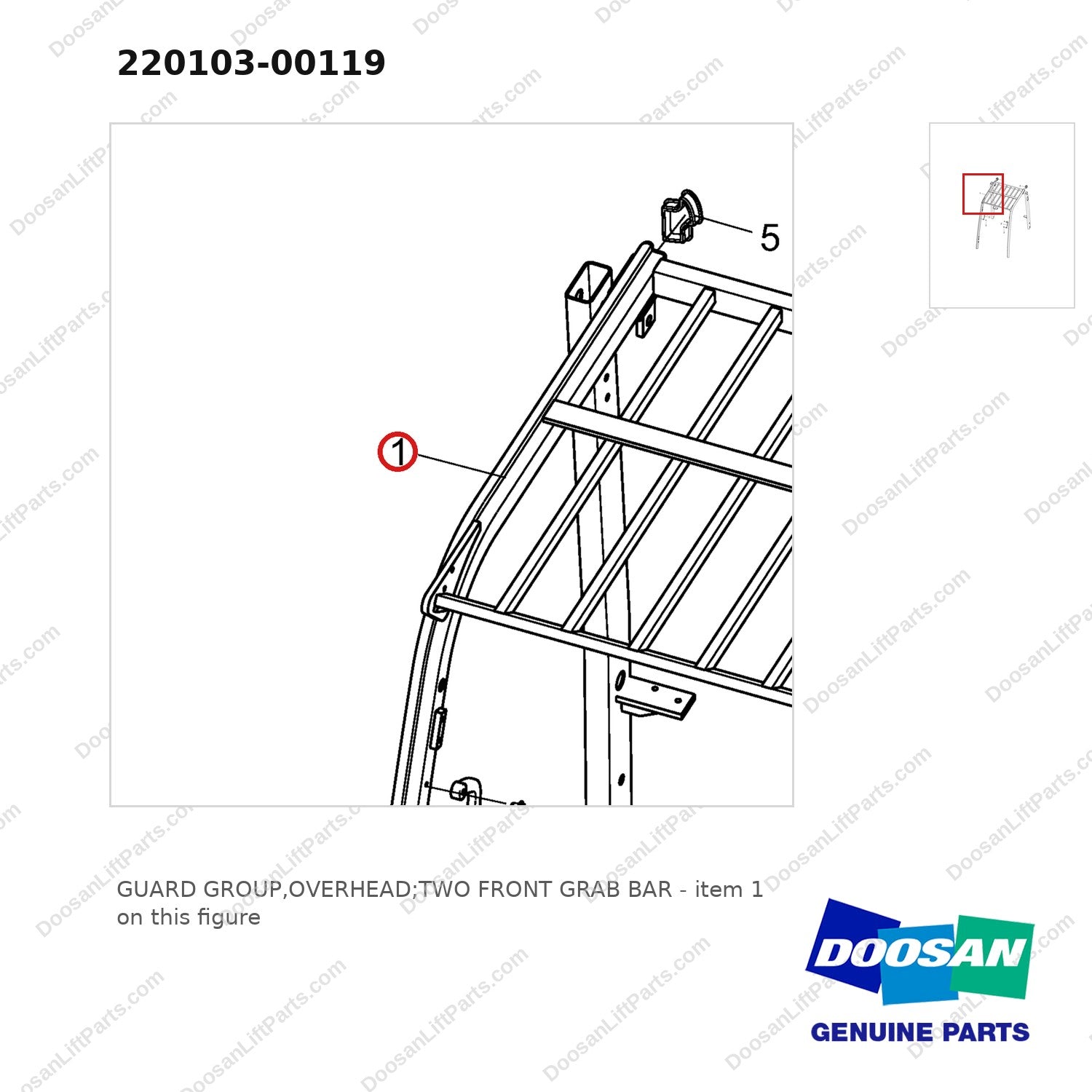 220103-00119 GUARD GROUP,OVERHEAD;TWO FRONT GRAB BAR - parts diagram, item 1 shown - genuine Doosan / Bobcat forklift part