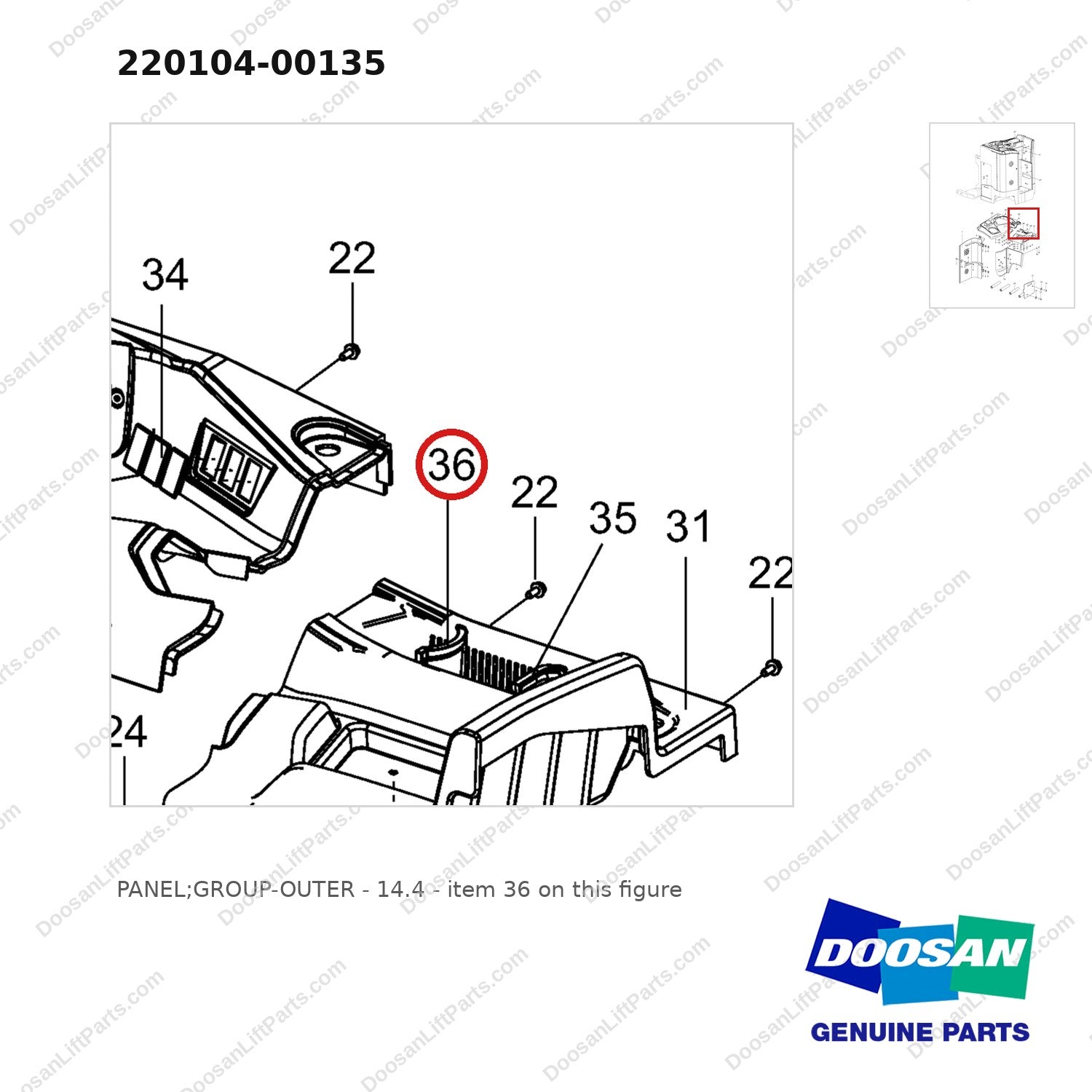 220104-00135 PANEL;GROUP-OUTER - 14.4 - parts diagram, item 36 shown - genuine Doosan / Bobcat forklift part