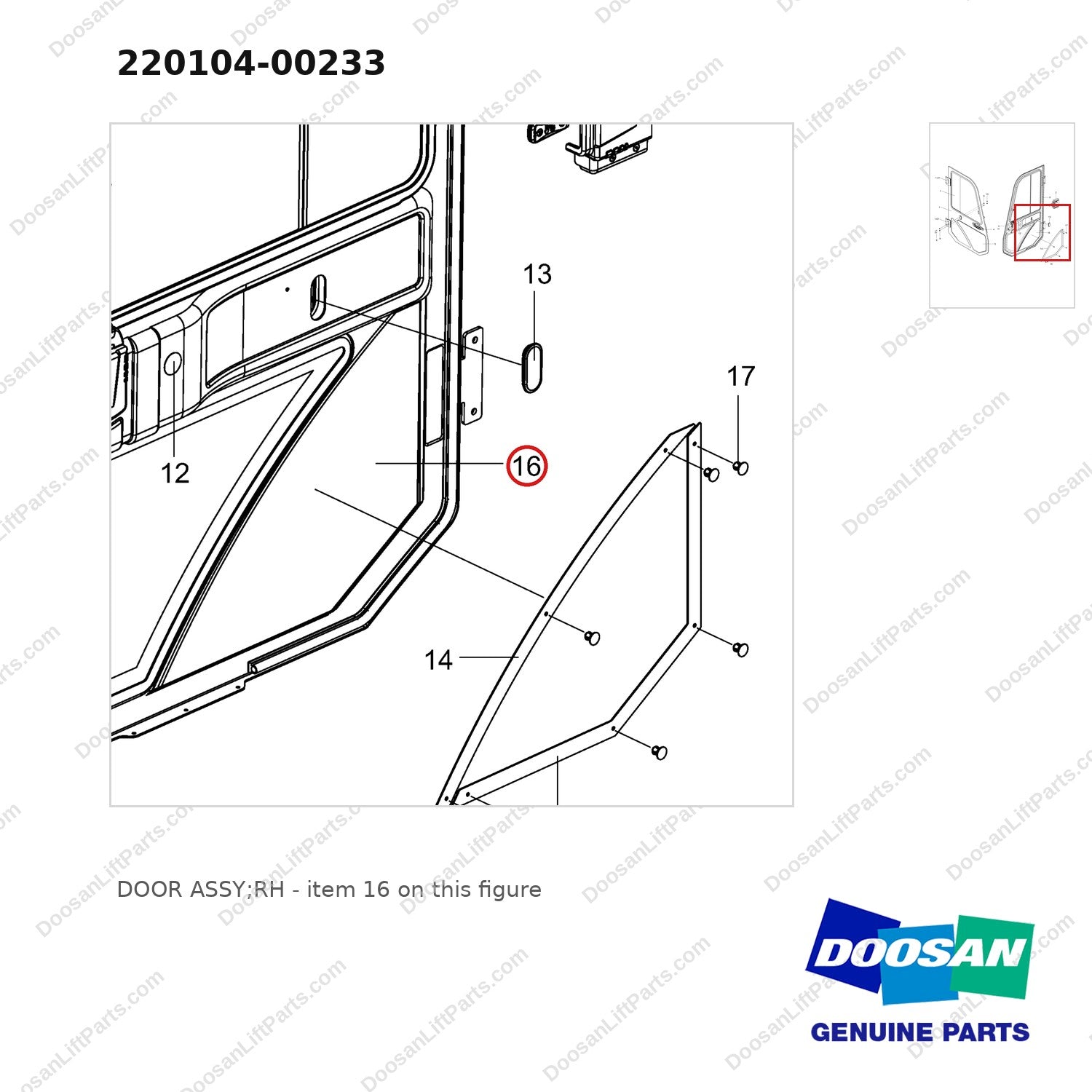 220104-00233 DOOR ASSY;RH - parts diagram, item 16 shown - genuine Doosan / Bobcat forklift part