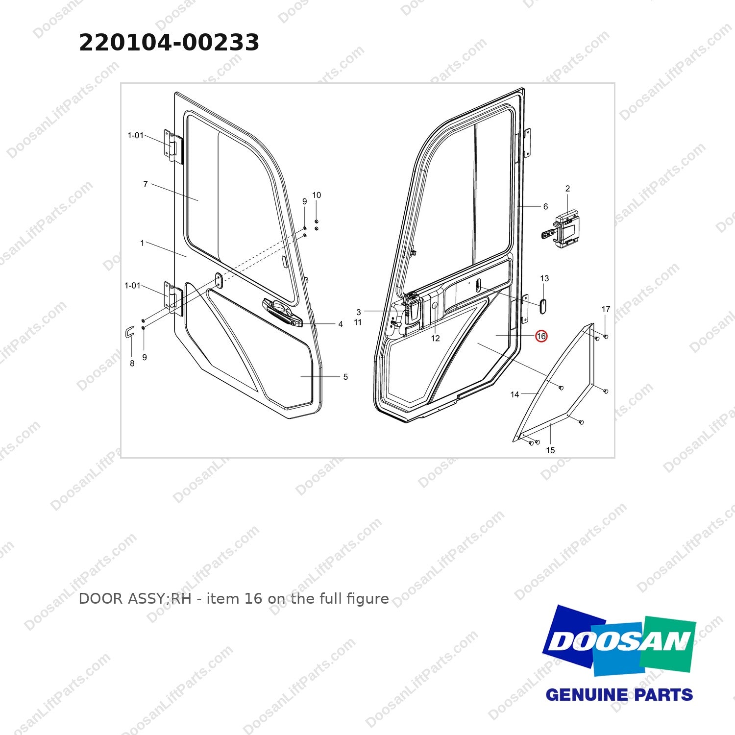 220104-00233 DOOR ASSY;RH - full parts diagram, item 16 marked - genuine Doosan / Bobcat forklift part