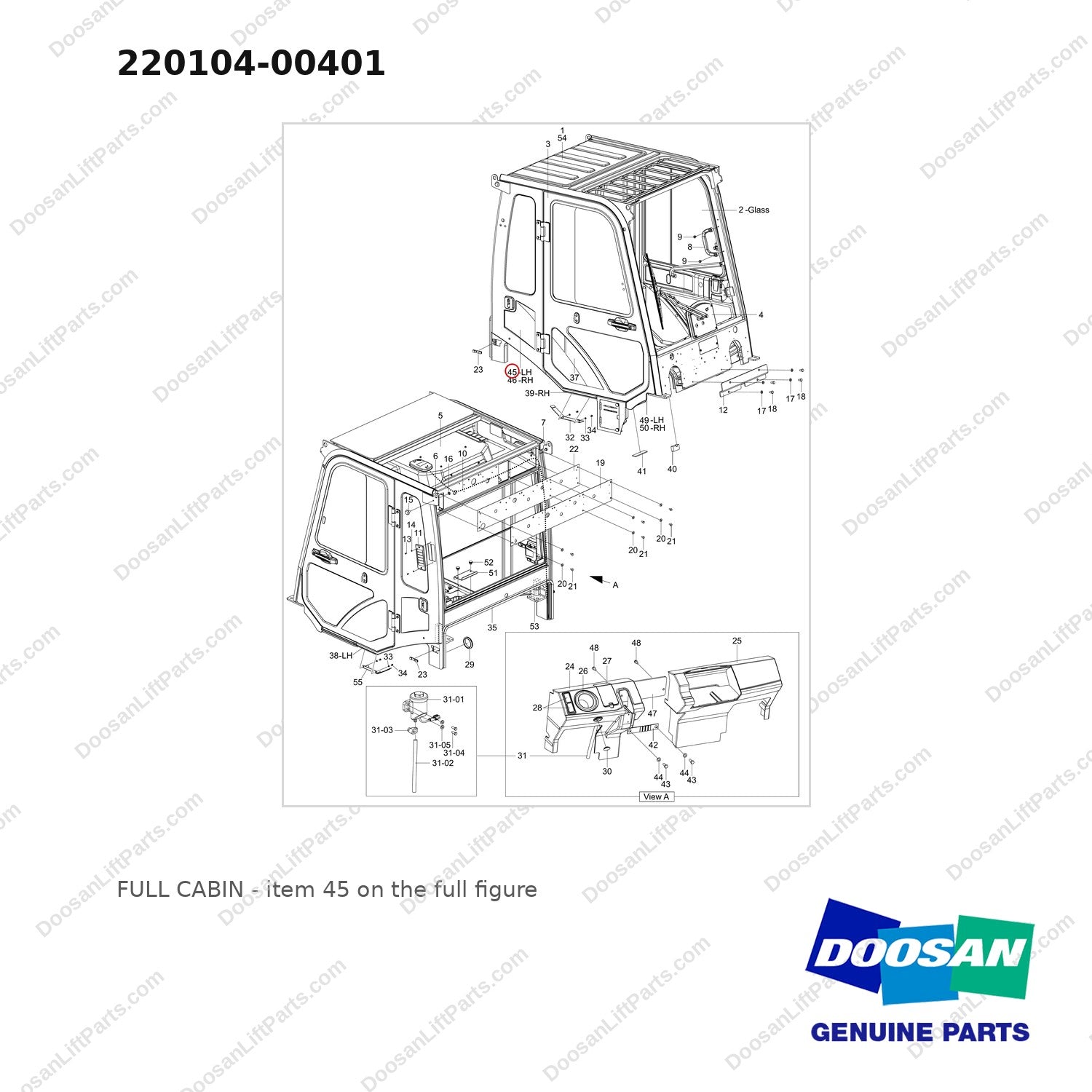 220104-00401 FULL CABIN - full parts diagram, item 45 marked - genuine Doosan / Bobcat forklift part