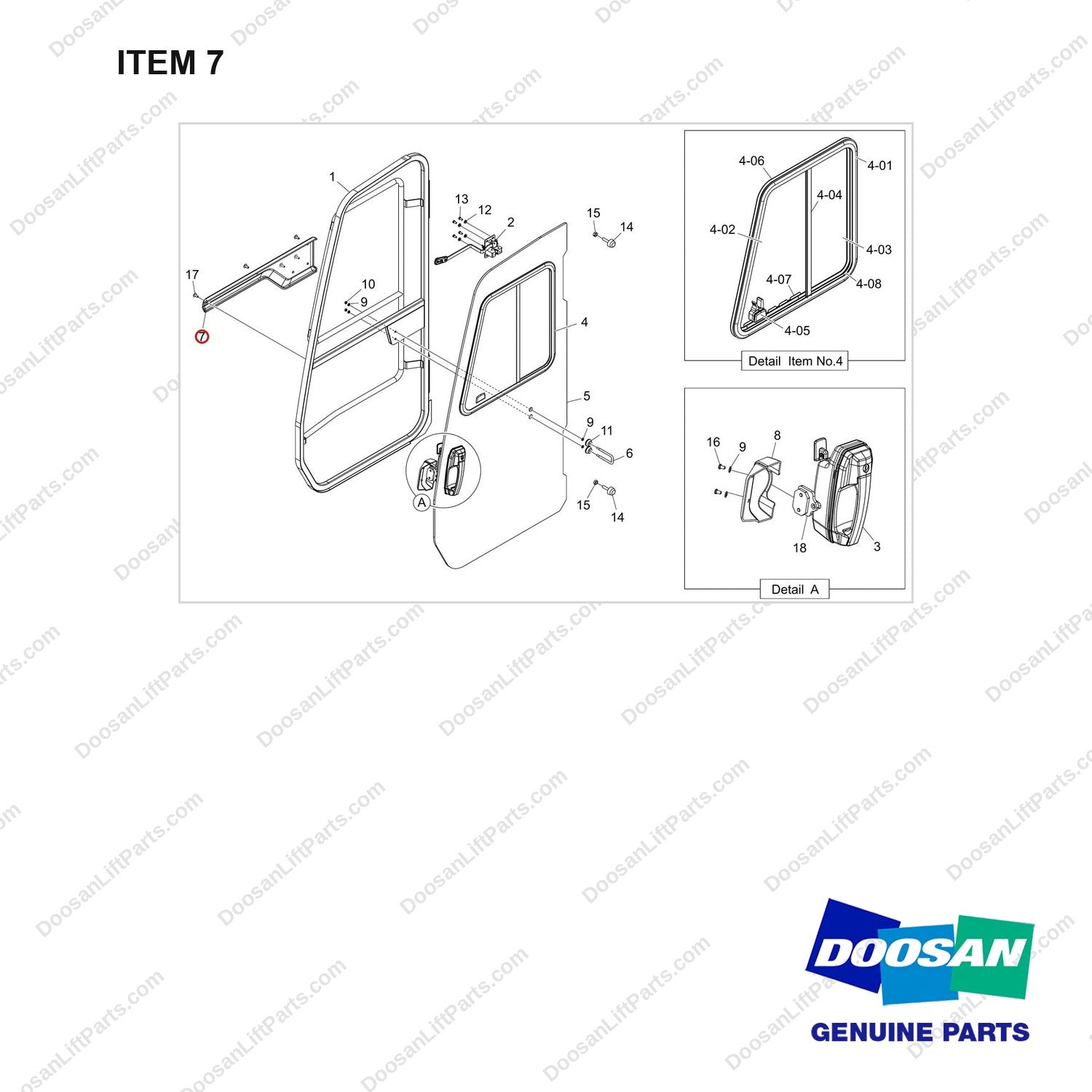 220104-00567 DOOR ASSY,SIDE;LH - full parts diagram, item 7 marked - genuine Doosan / Bobcat forklift part
