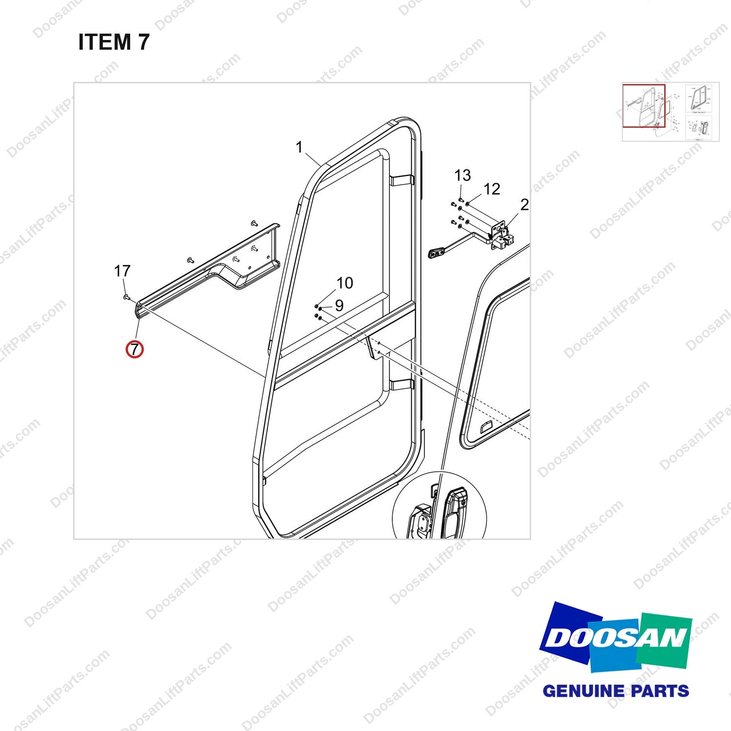 220104-00567 DOOR ASSY,SIDE;LH - parts diagram, item 7 shown - genuine Doosan / Bobcat forklift part