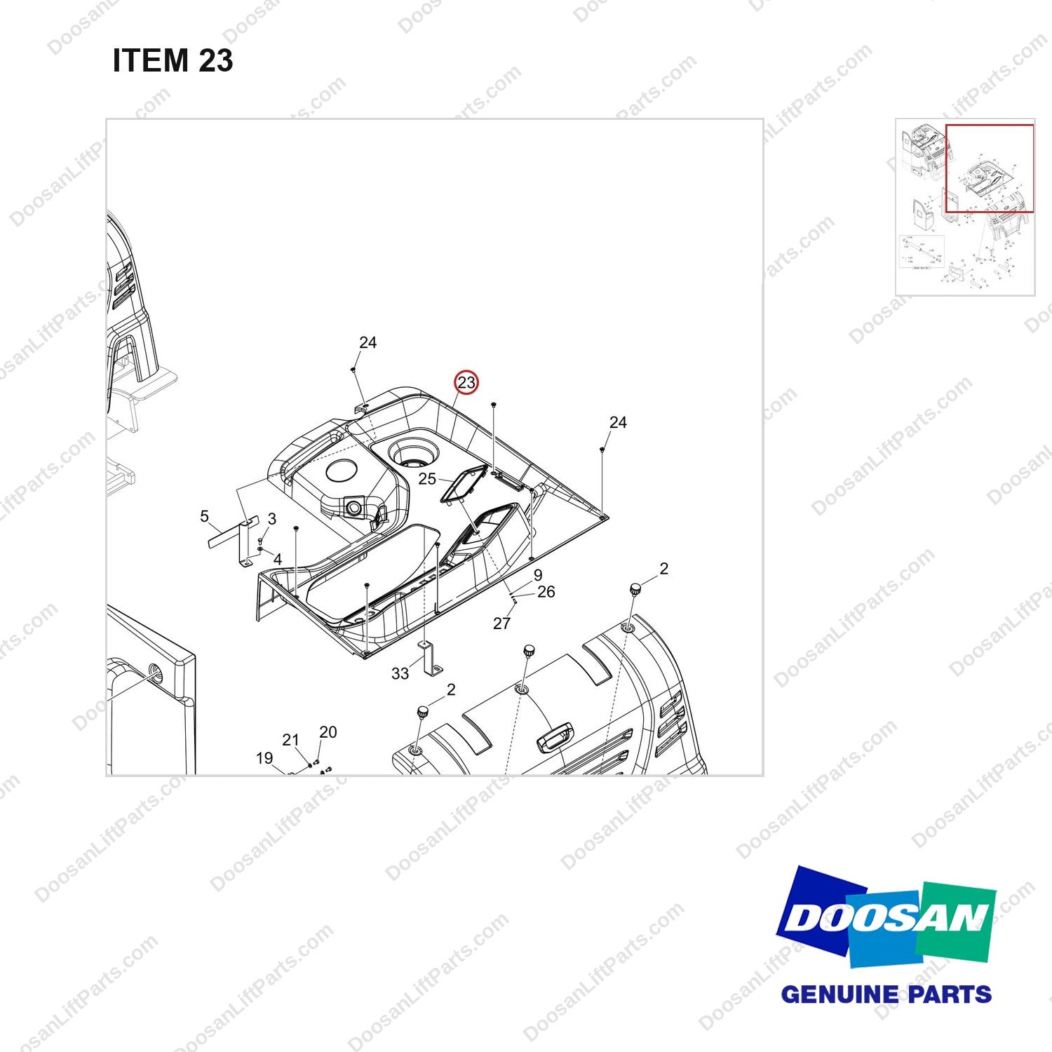 220104-00593 PANEL;GROUP-OUTER 16.5 - parts diagram, item 23 shown - genuine Doosan / Bobcat forklift part