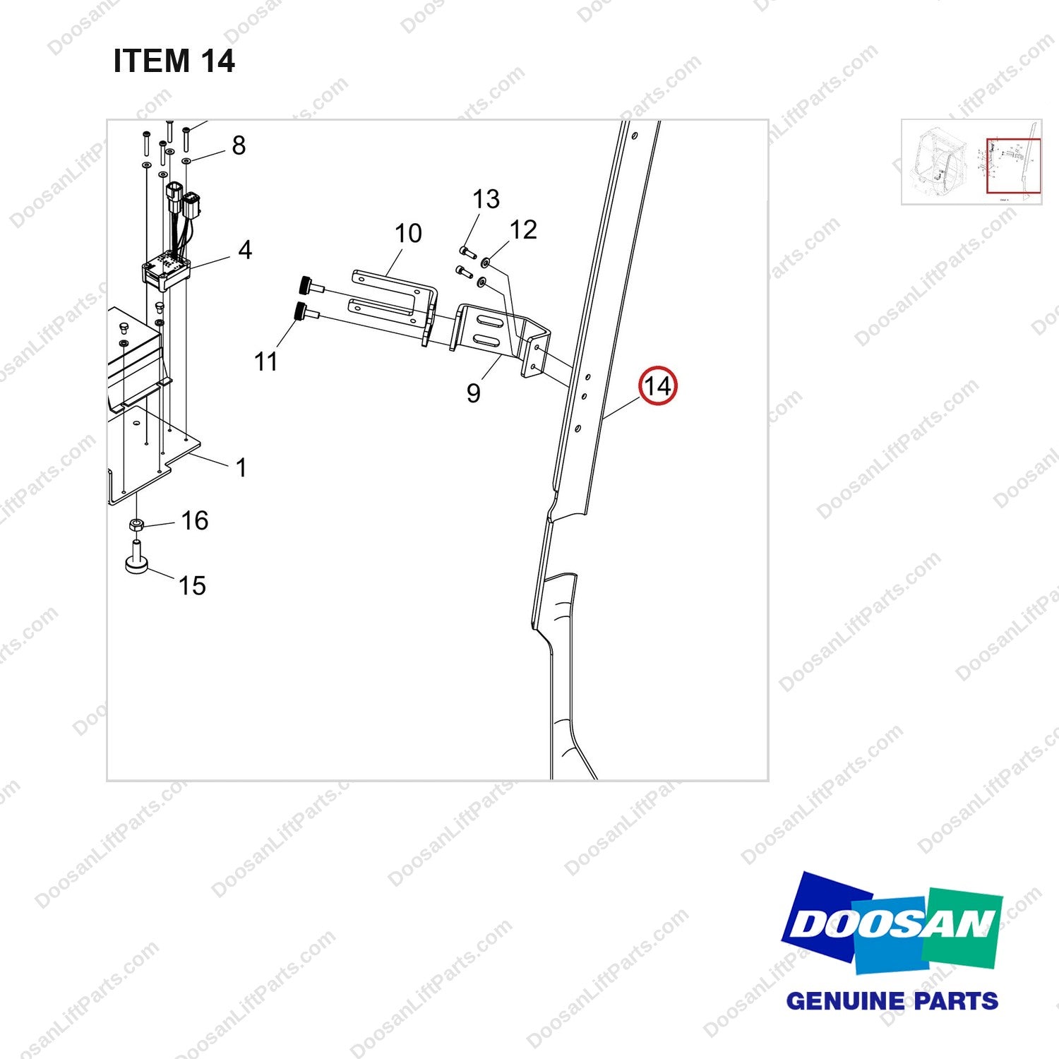 220104-00609 CROWN INFO LINK READY;CABIN - parts diagram, item 14 shown - genuine Doosan / Bobcat forklift part