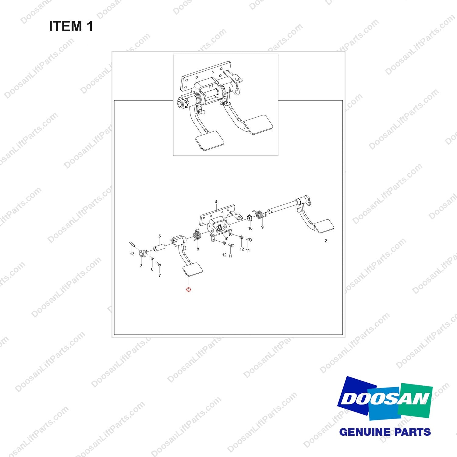 220105-00367 PEDAL ASSY;INCHING & BRAKE, MONO PEDAL - full parts diagram, item 1 marked - genuine Doosan / Bobcat forklift part