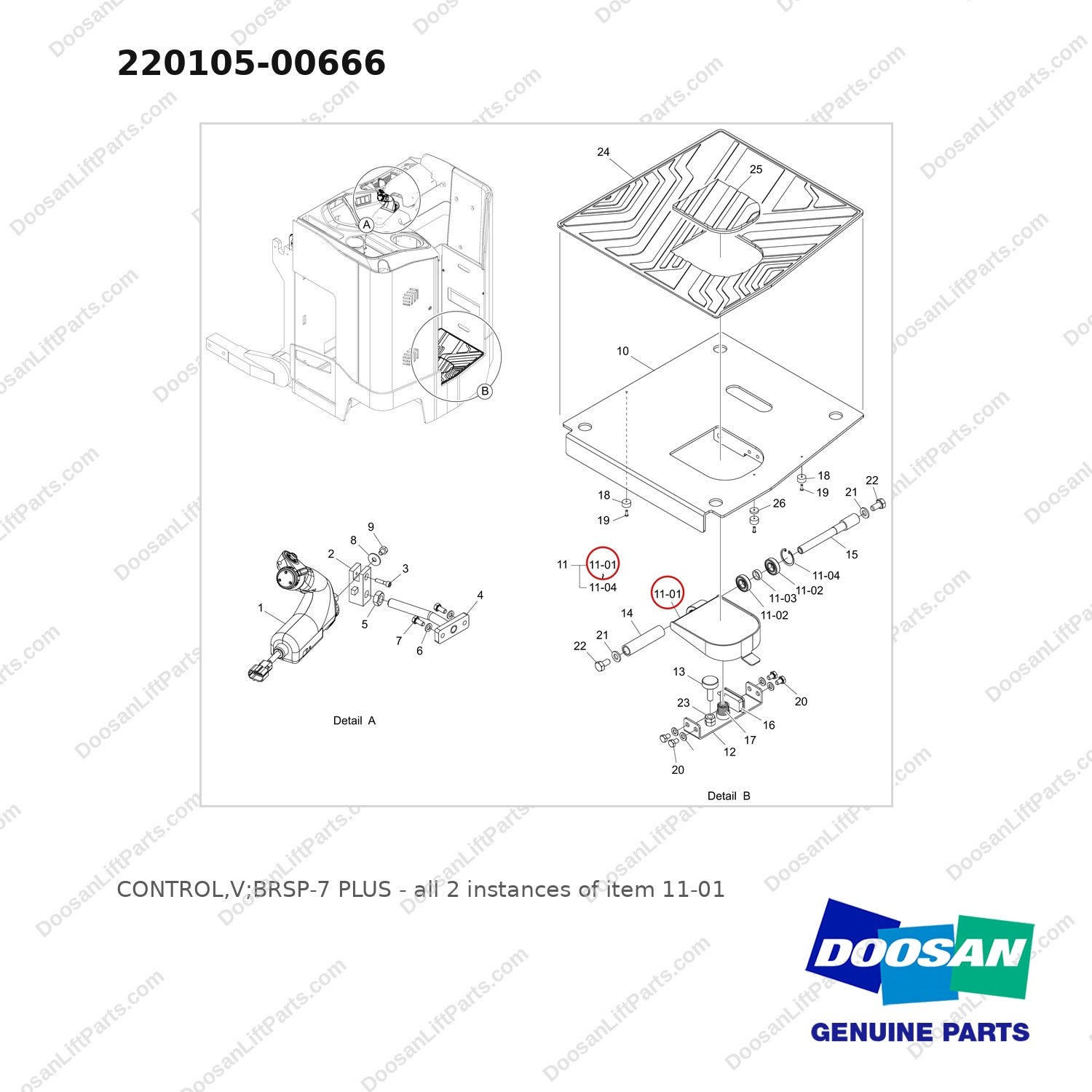 220105-00666 CONTROL,V;BRSP-7 PLUS - full parts diagram, item 11-01 marked - genuine Doosan / Bobcat forklift part