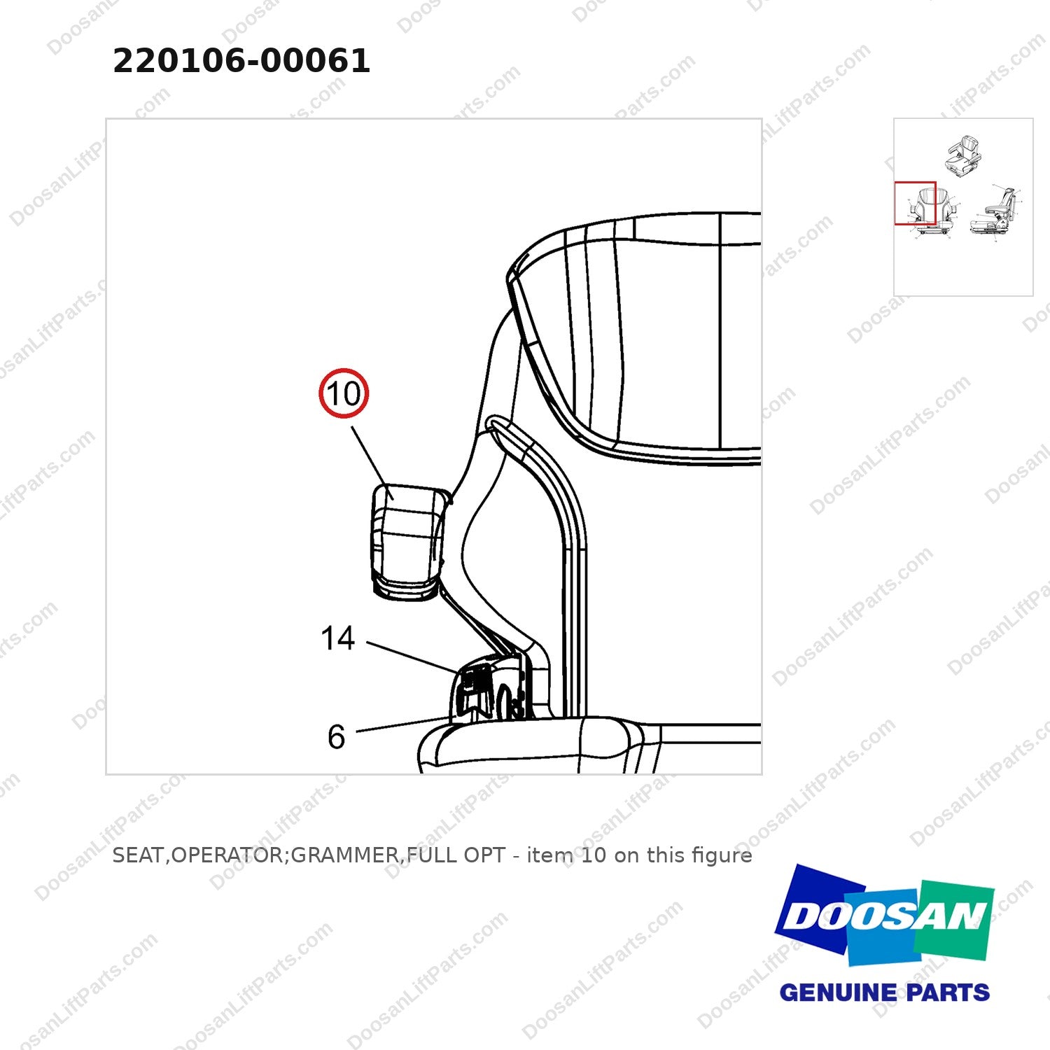 220106-00061 SEAT,OPERATOR;GRAMMER,FULL OPT - parts diagram, item 10 shown - genuine Doosan / Bobcat forklift part