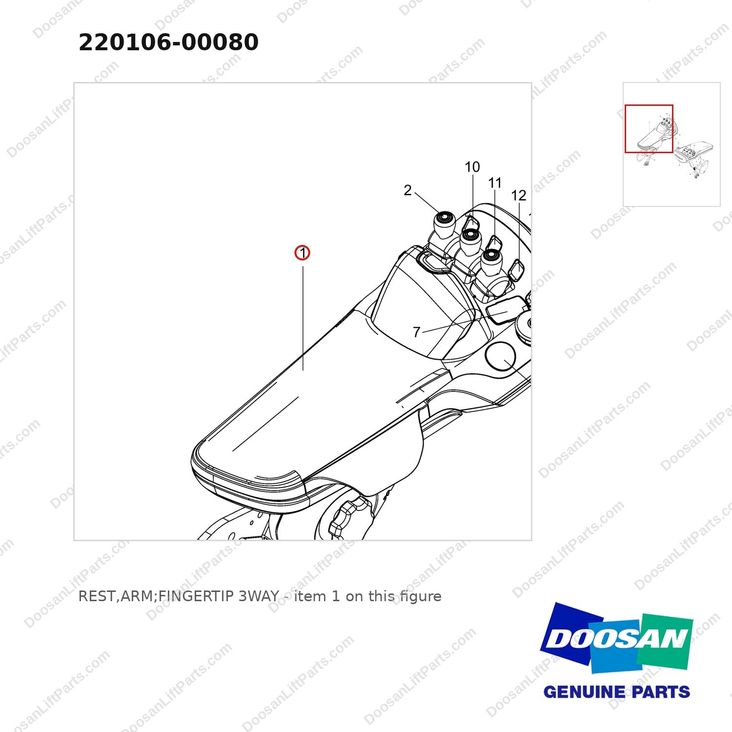 220106-00080 REST,ARM;FINGERTIP 3WAY - parts diagram, item 1 shown - genuine Doosan / Bobcat forklift part