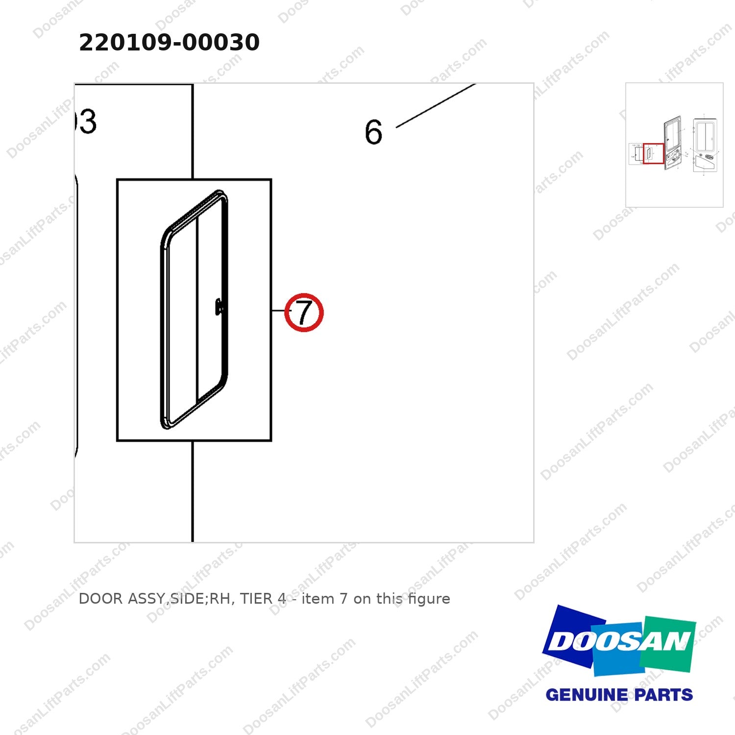 220109-00030 DOOR ASSY,SIDE;RH, TIER 4 - parts diagram, item 7 shown - genuine Doosan / Bobcat forklift part