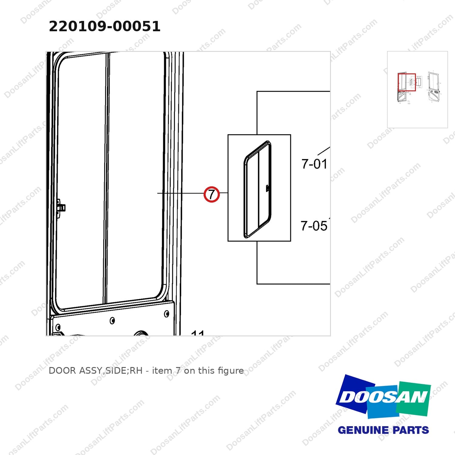 220109-00051 DOOR ASSY,SIDE;RH - parts diagram, item 7 shown - genuine Doosan / Bobcat forklift part