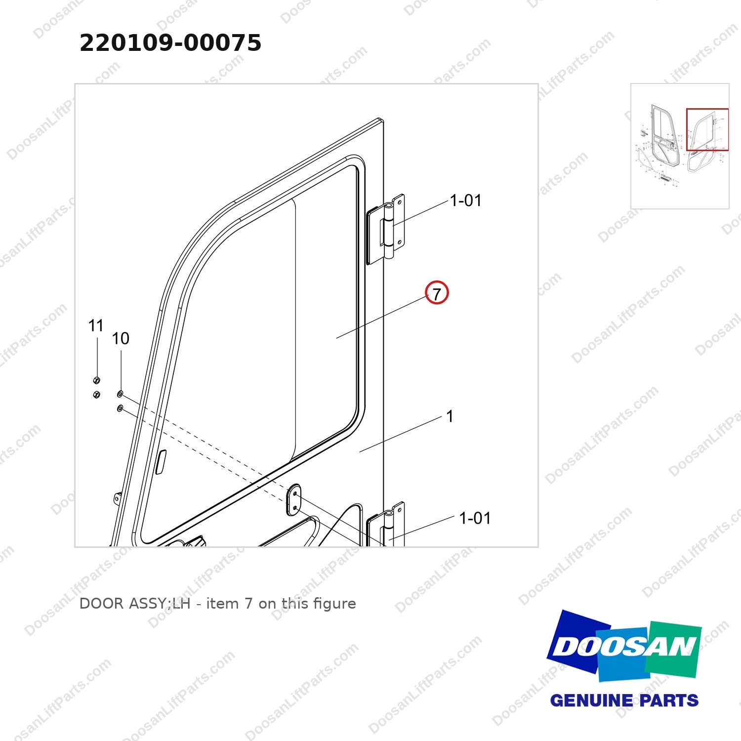 220109-00075 DOOR ASSY;LH - parts diagram, item 7 shown - genuine Doosan / Bobcat forklift part
