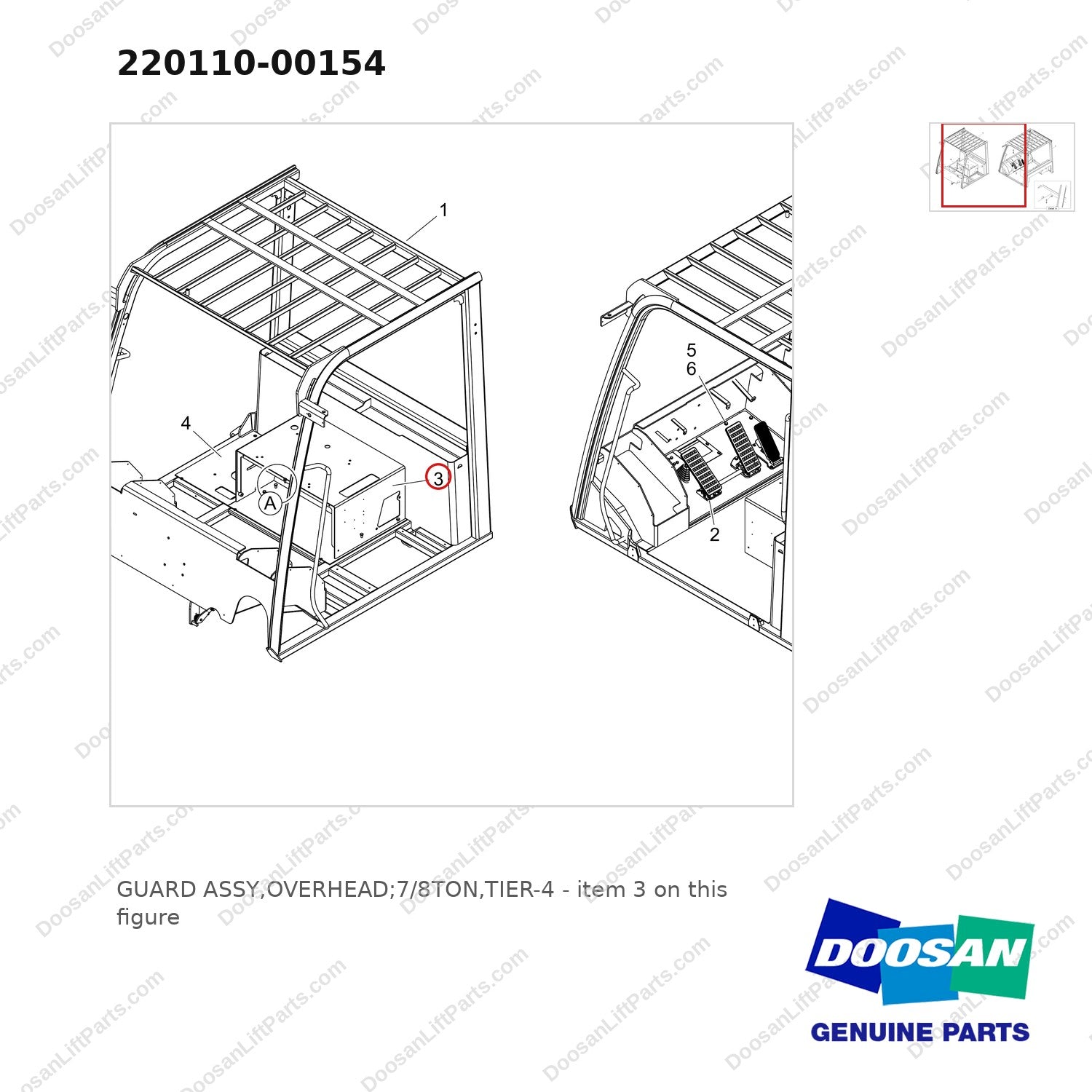 220110-00154 GUARD ASSY,OVERHEAD;7/8TON,TIER-4 - parts diagram, item 3 shown - genuine Doosan / Bobcat forklift part