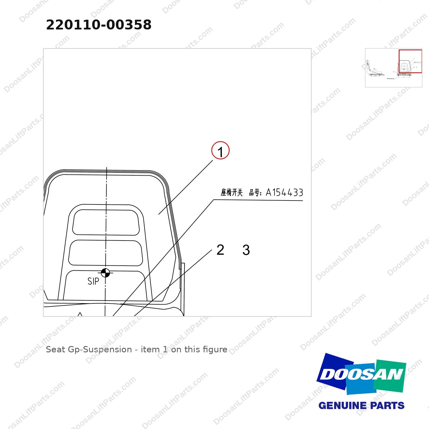 220110-00358 Seat Gp-Suspension - parts diagram, item 1 shown - genuine Doosan / Bobcat forklift part