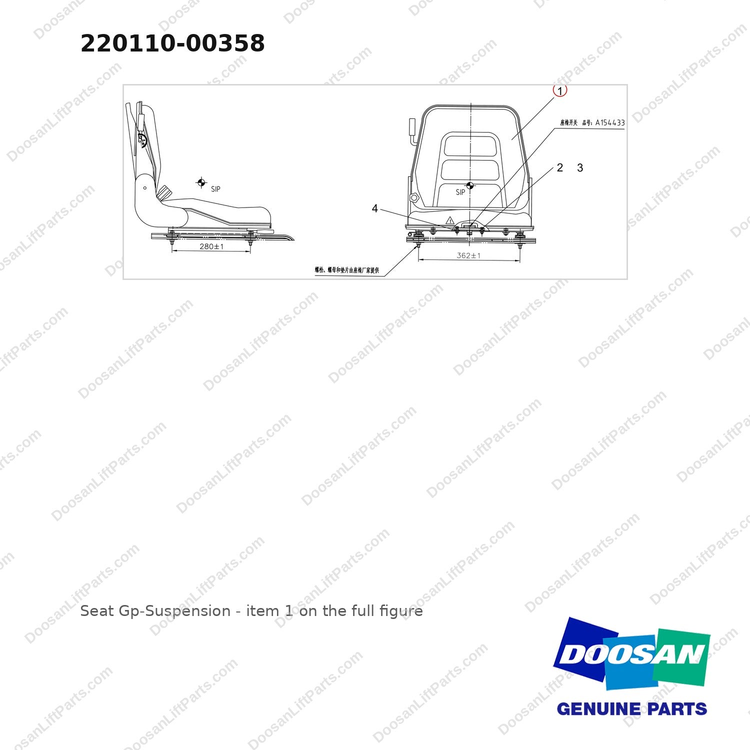 220110-00358 Seat Gp-Suspension - full parts diagram, item 1 marked - genuine Doosan / Bobcat forklift part