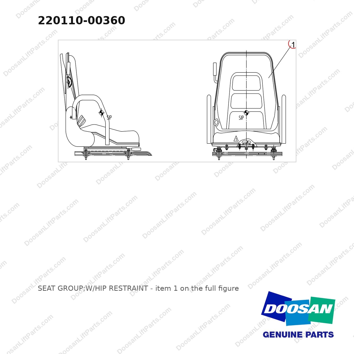 220110-00360 SEAT GROUP;W/HIP RESTRAINT - full parts diagram, item 1 marked - genuine Doosan / Bobcat forklift part