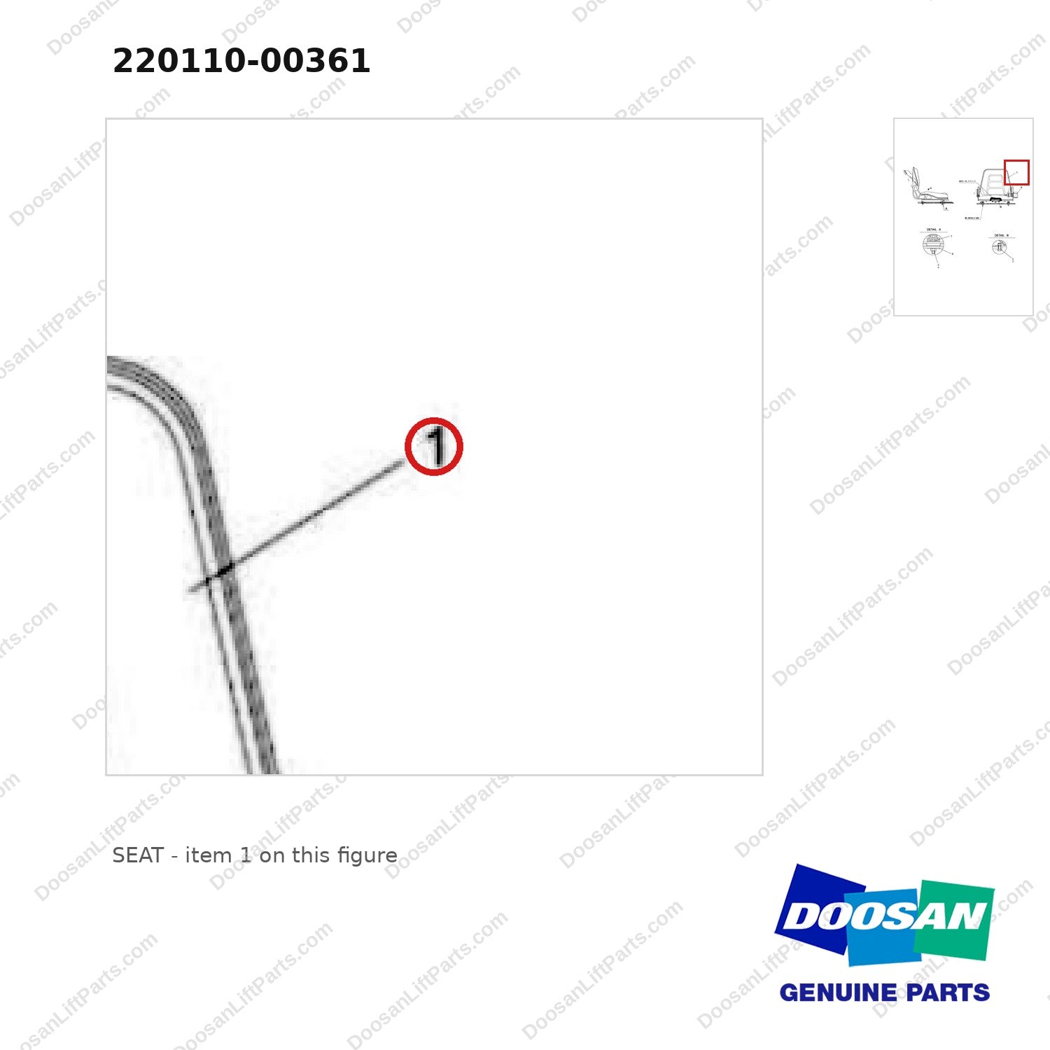220110-00361 SEAT - parts diagram, item 1 shown - genuine Doosan / Bobcat forklift part