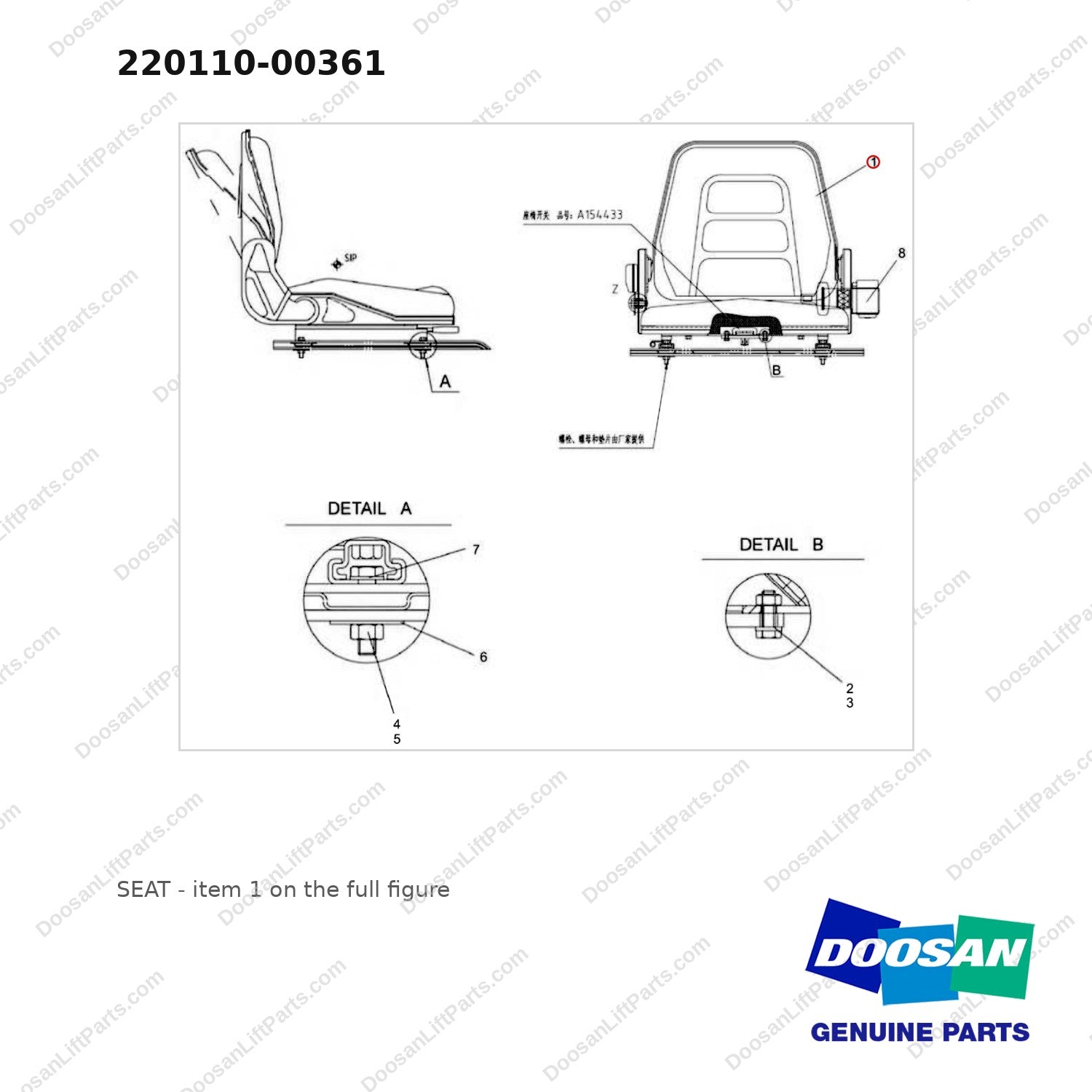 220110-00361 SEAT - full parts diagram, item 1 marked - genuine Doosan / Bobcat forklift part