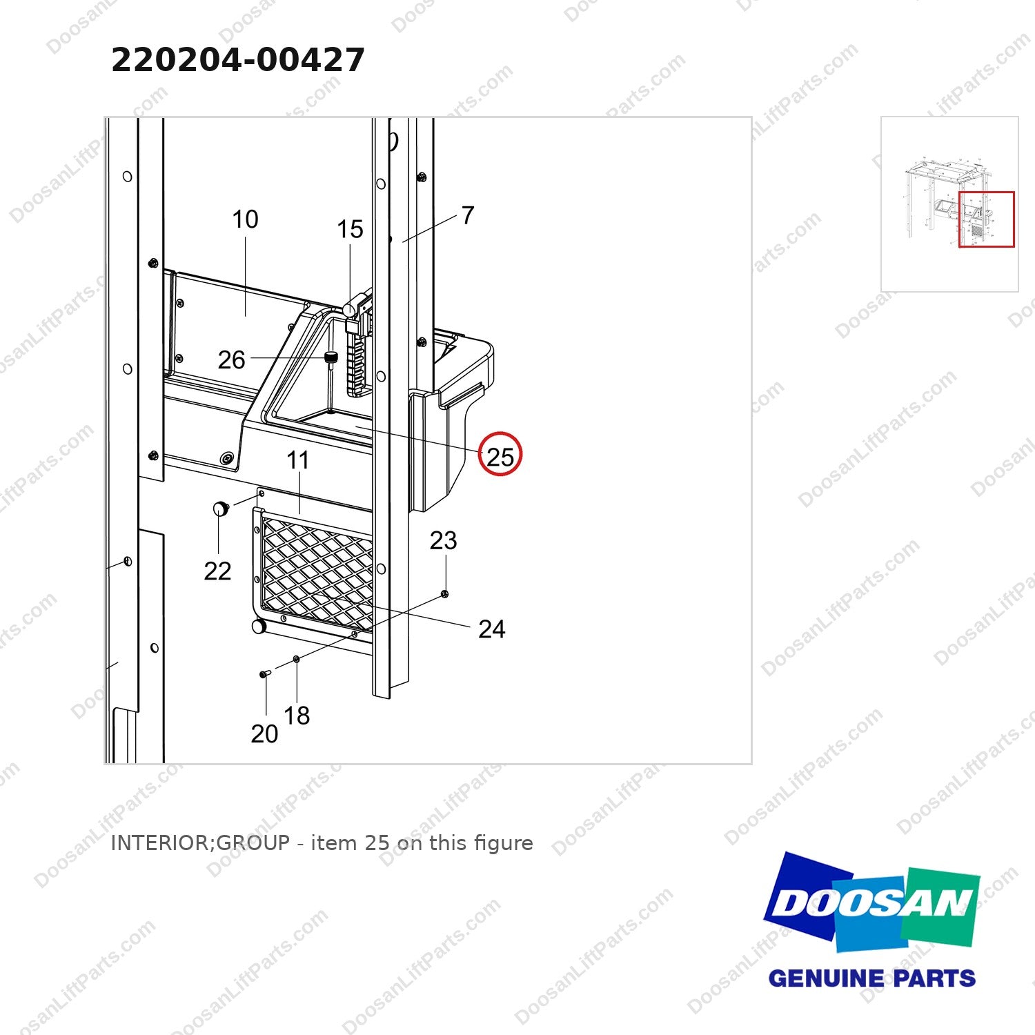 220204-00427 INTERIOR;GROUP - parts diagram, item 25 shown - genuine Doosan / Bobcat forklift part